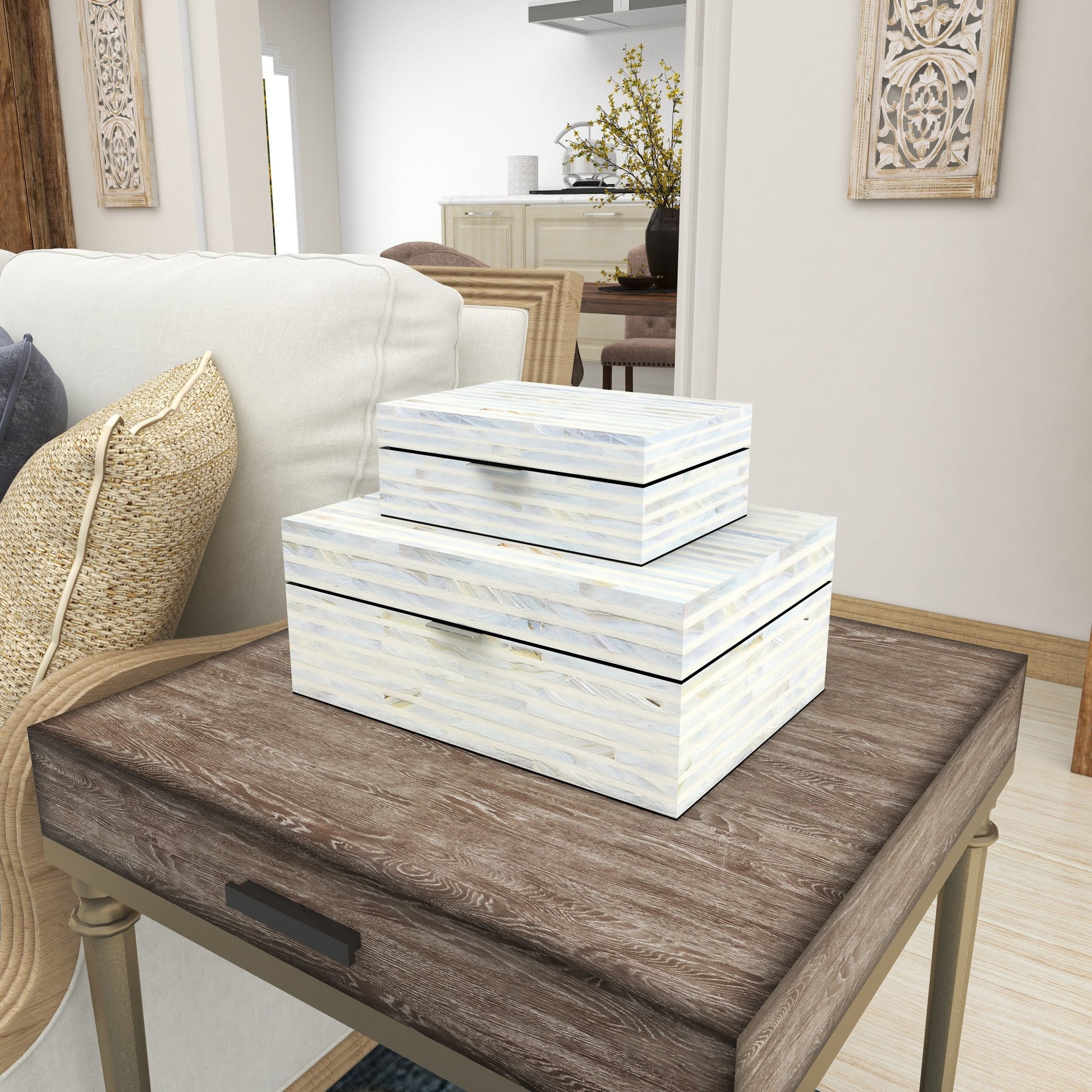 Set of 2 Light Blue Mother of Pearl Shell Handmade Decorative Box with Linear Mosaic Pattern and Hinged Lid