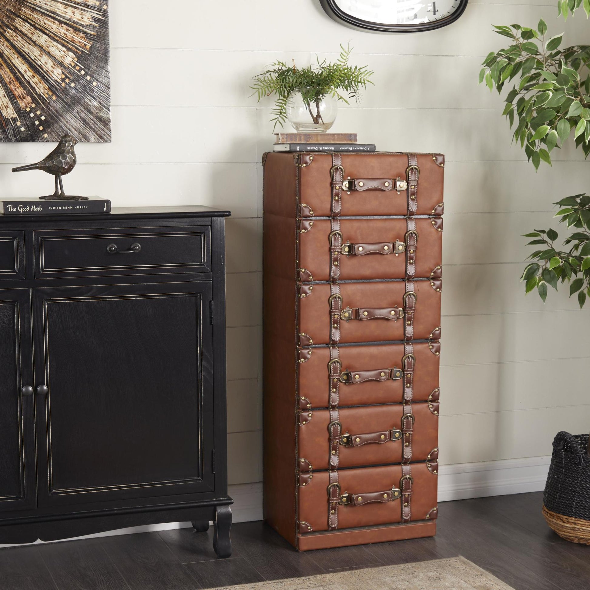 Brown Wooden Faux Leather 6 Drawer Room Chest with Buckle and Strap Detailing