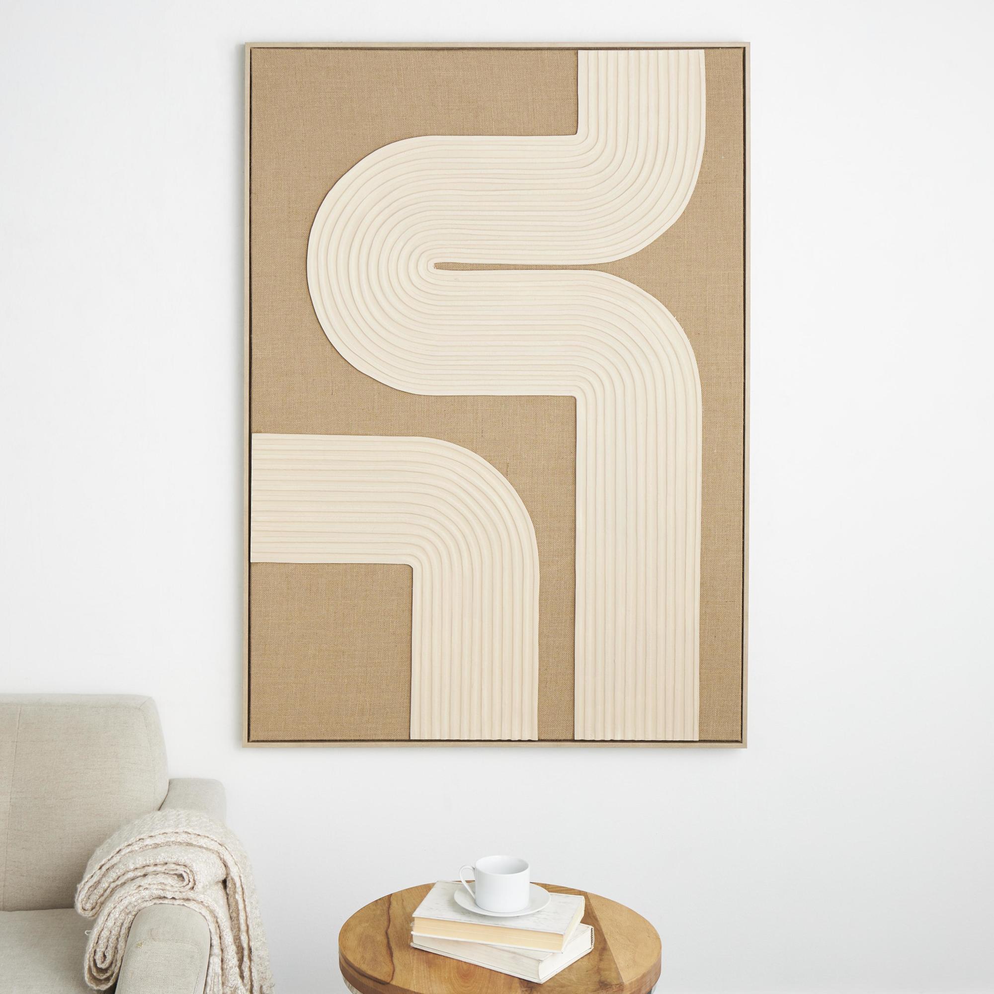 Abstract Brown Canvas Textured Living Room Framed Wall Art with Tan Ribbed Curve Shapes