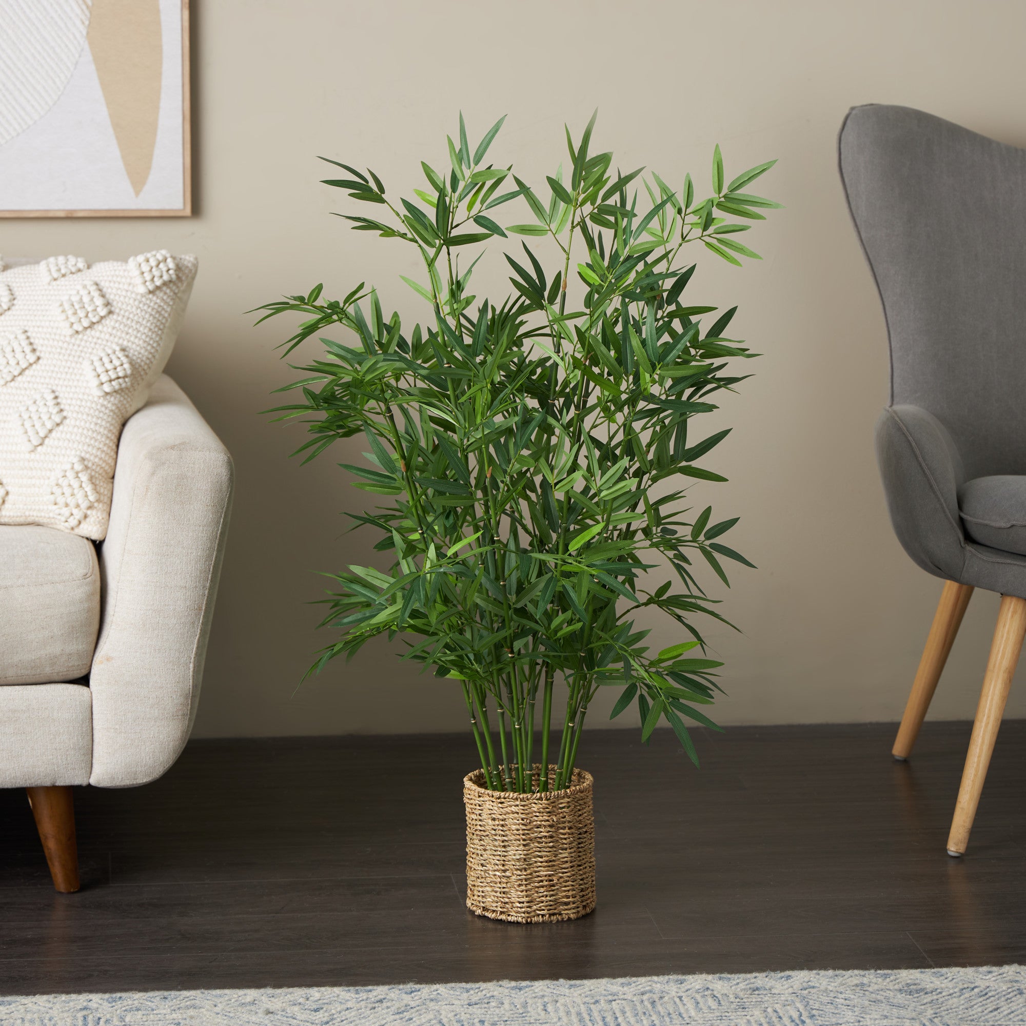 Bamboo Green Faux Foliage Indoor Outdoor Artificial Tree with Realistic Leaves and Brown Seagrass Pot