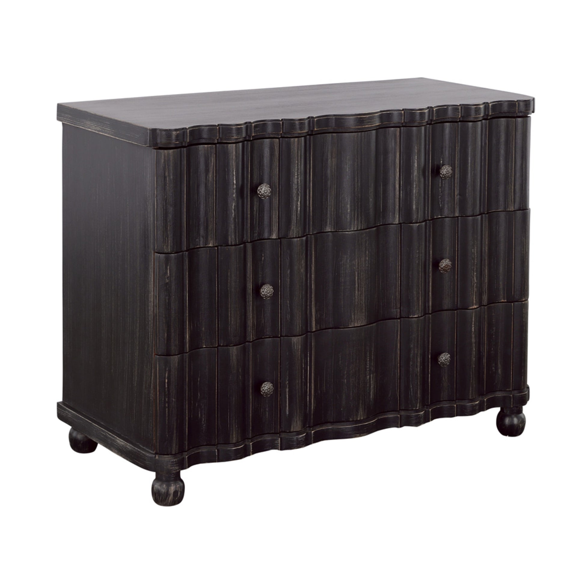 Black Mango Wood Distressed Scalloped 3 Drawer Room Chest with Vintage Knobs and Ball Feet