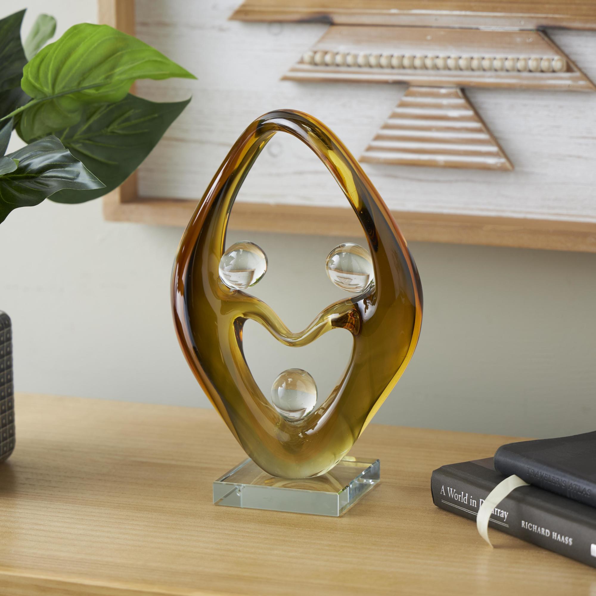 Abstract Orange Glass Curved Cutout Decorative Sculpture with 3 Small Orbs