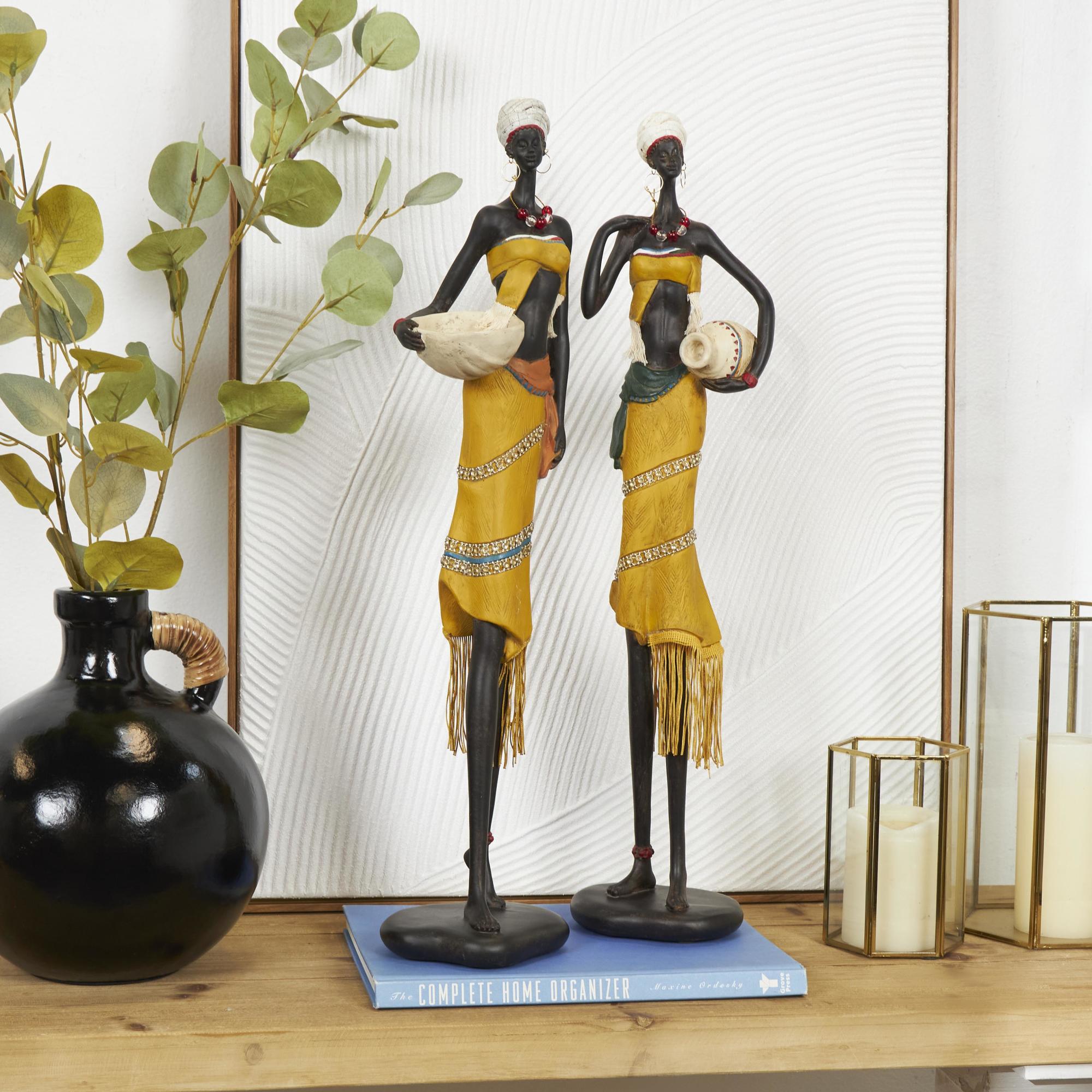 Set of 2 Woman Yellow Polyresin Handmade African Decorative Sculpture with Water Jugs and Jeweled Details