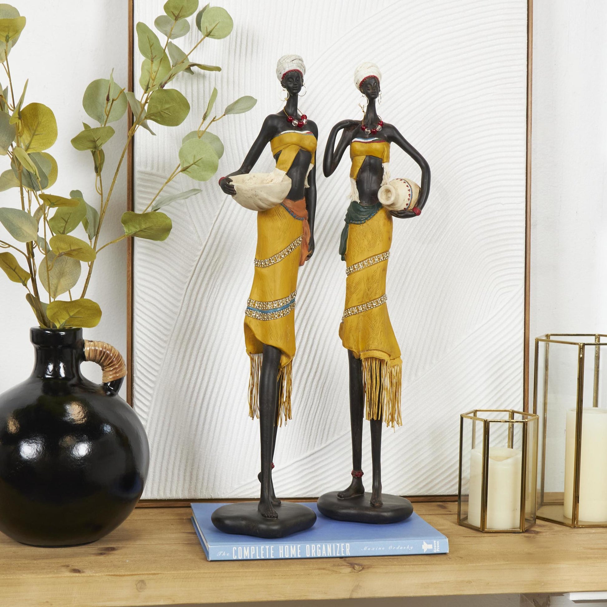 Set of 2 Woman Yellow Polyresin Handmade African Decorative Sculpture with Water Jugs and Jeweled Details
