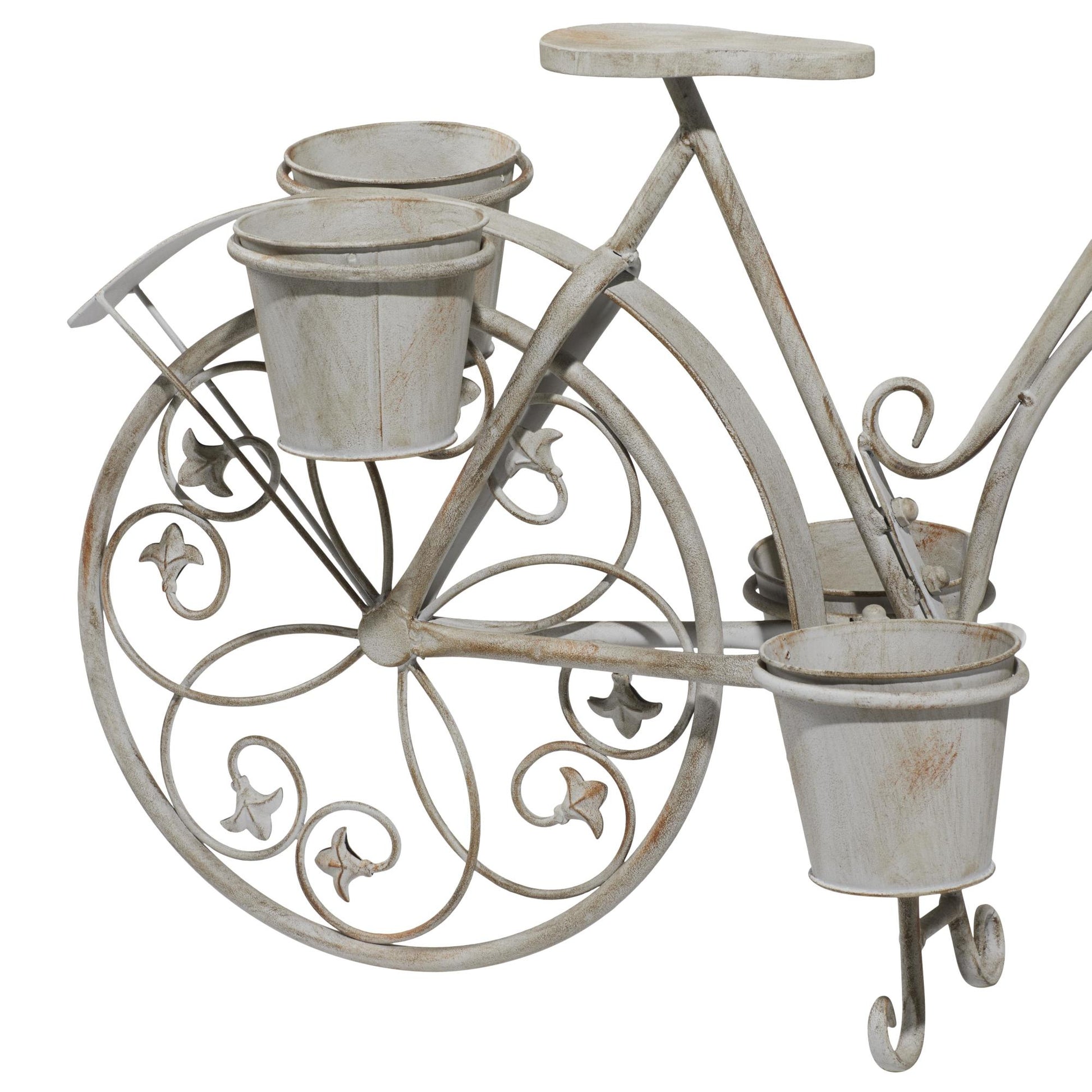 Bike Gray Metal Distressed Scroll 3 Tier Indoor Outdoor Plantstand with Fleur De Lis Wheels