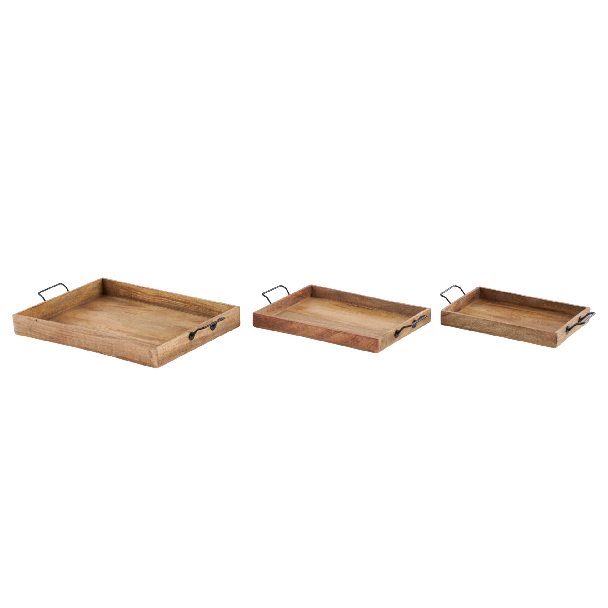 Set of 3 Brown Mango Wood Rectangular Living Room Decor Tray with Black Metal Handles