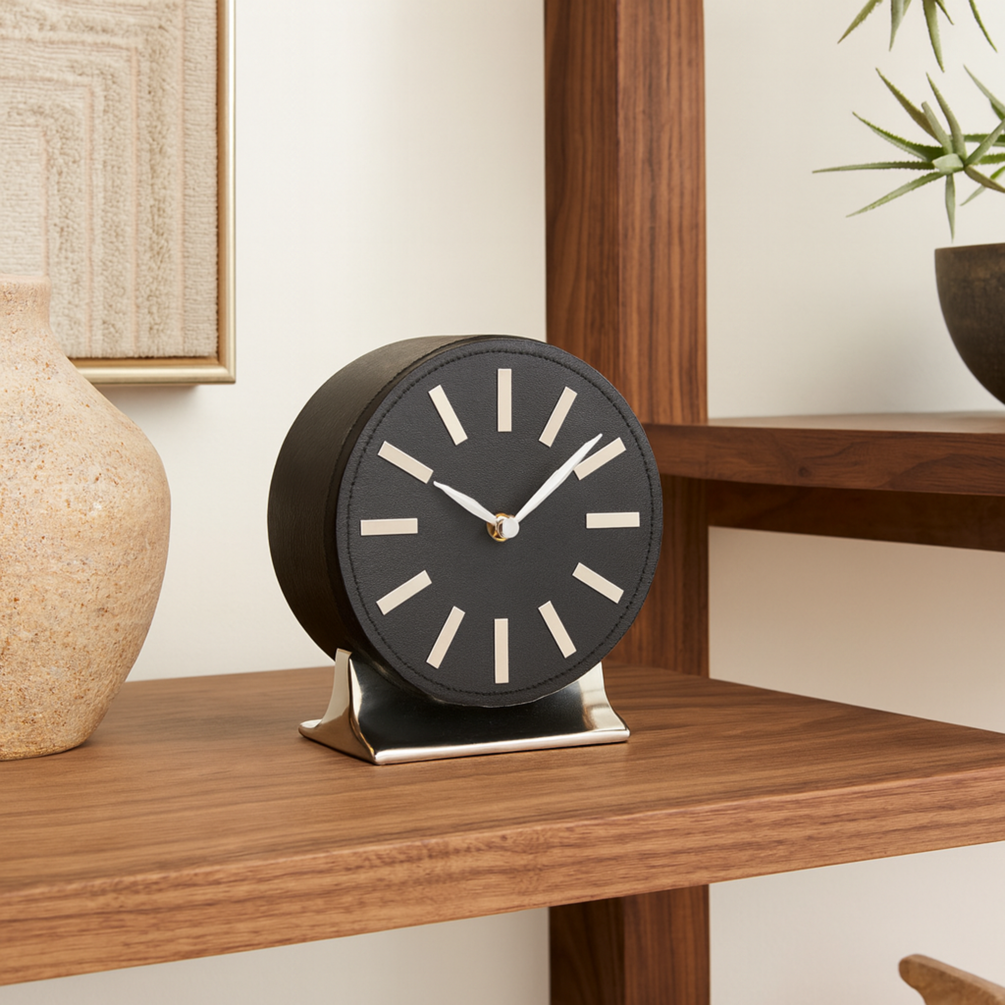 Faux Leather Round Decorative Clock with Silver Rectangular Base