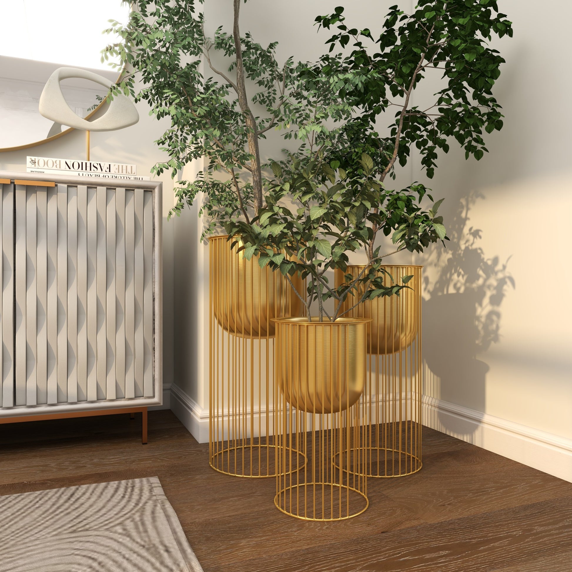 Set of 3 Gold Metal Deep Recessed Dome Indoor Outdoor Planter with Elevated Caged Stand