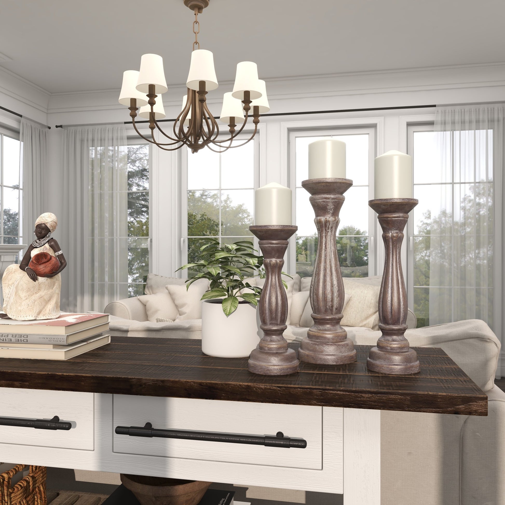 Set of 3 Wooden Distressed Turned Pillar Decorative Candle Holder