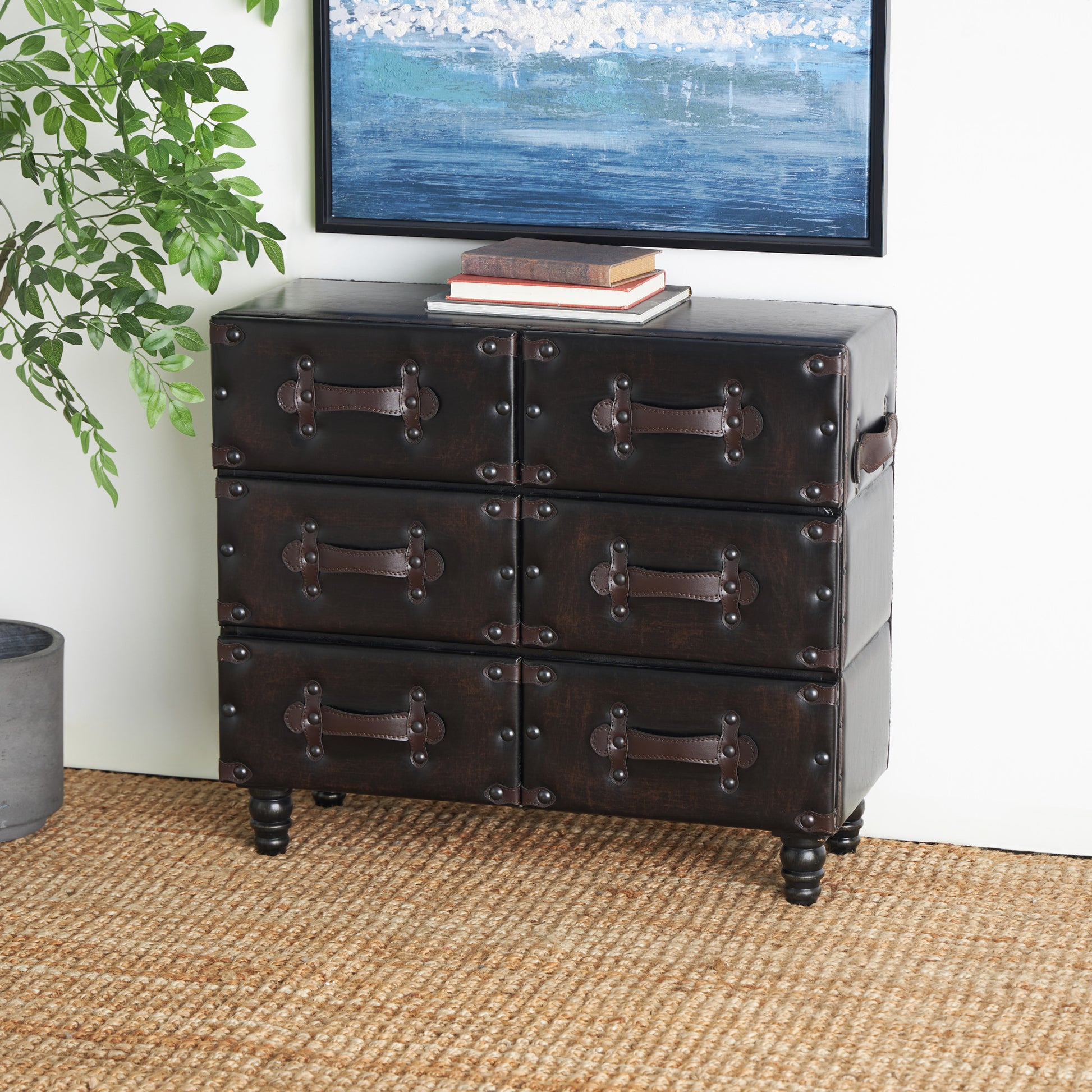 Black Wood Vintage Faux Leather Room Chest with Rivets and Straps Detailing