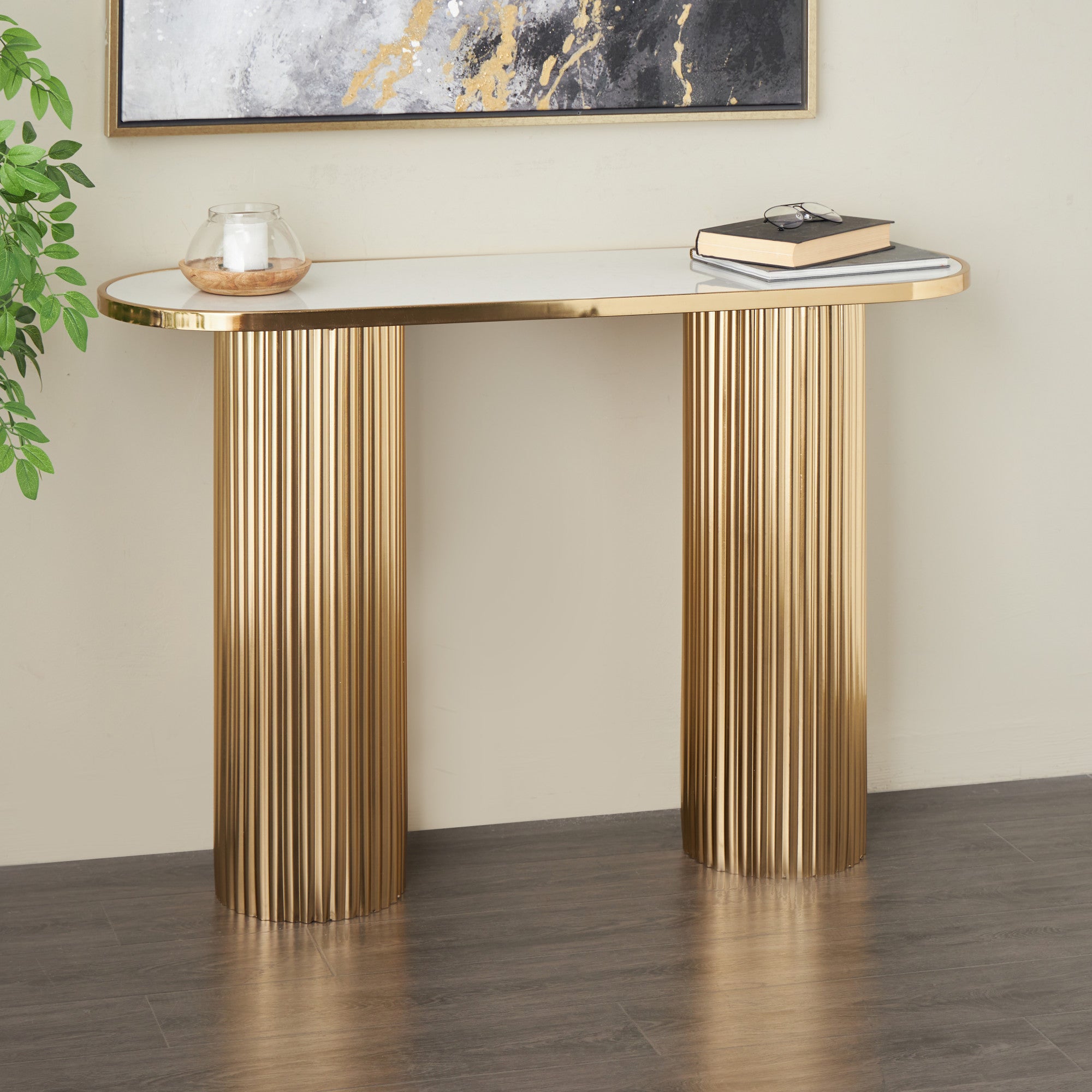 Metal Handmade Oval Living Room Console Table with Ribbed Legs