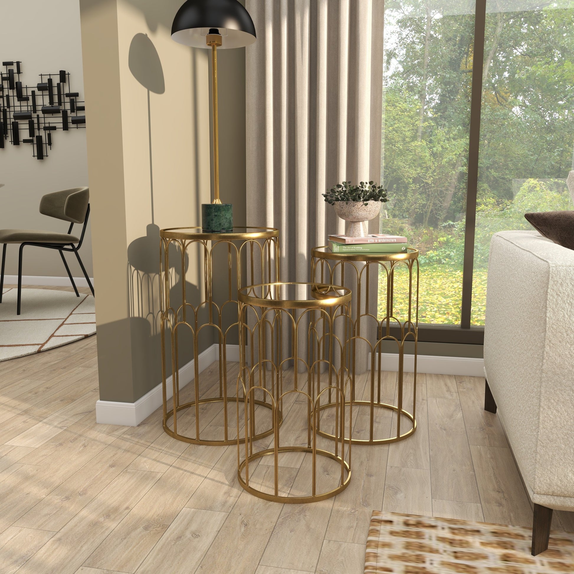 Set of 3 Gold Metal Side End Accent Table with Mirrored Glass Top