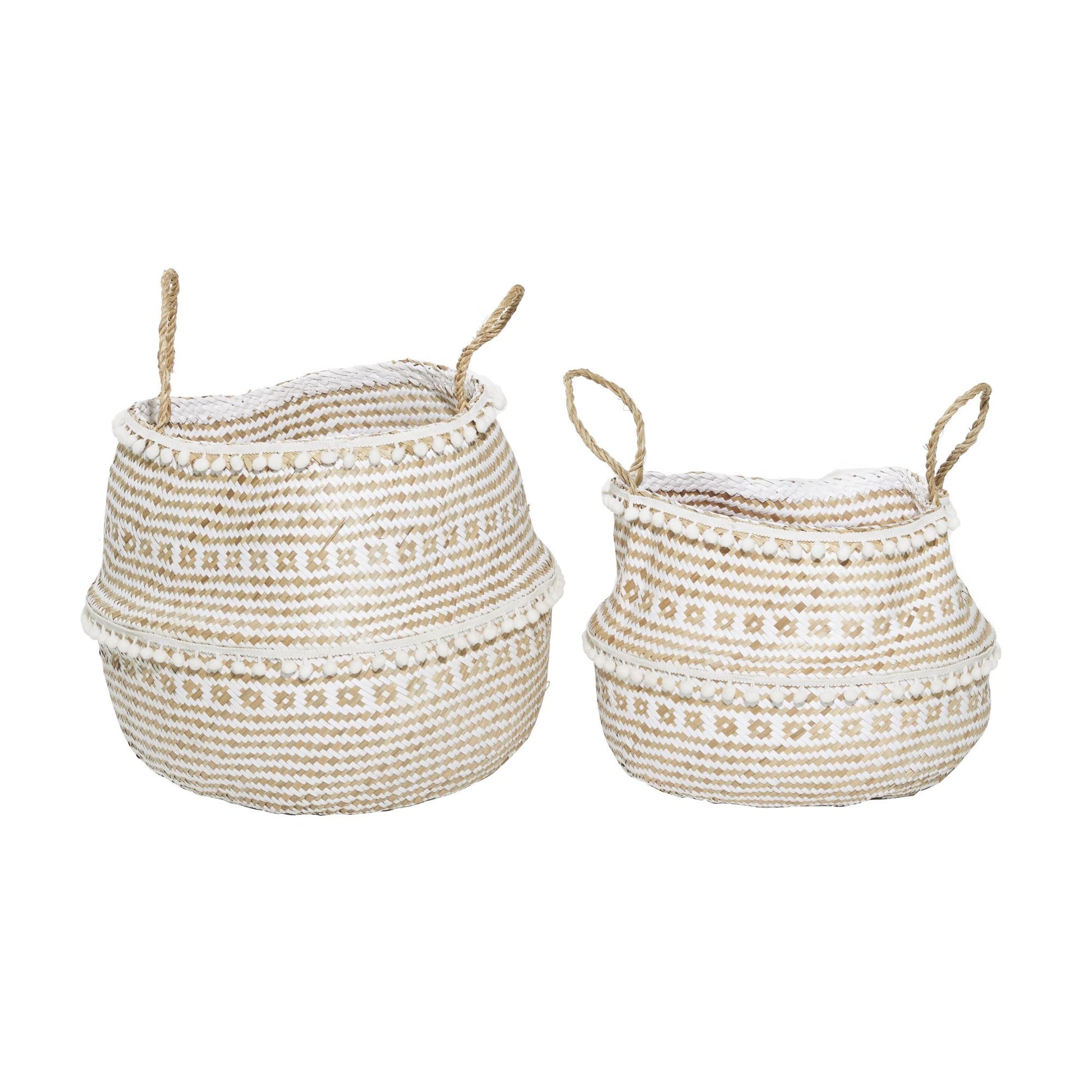 Set of 2 Brown Seagrass Handmade Patterned Decorative and Functional Storage Basket with Handles