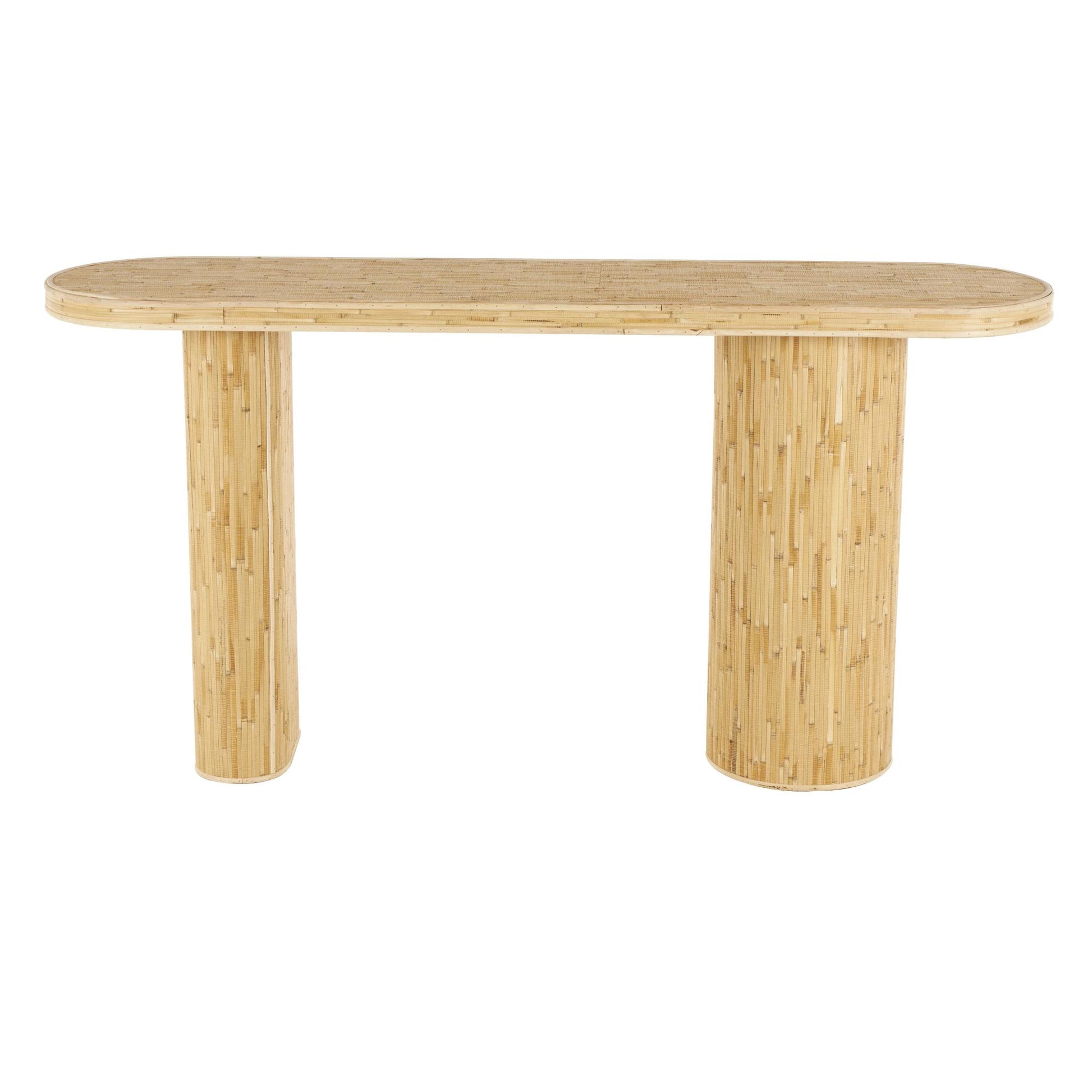 Brown Rattan Handmade Textured Oval Living Room Console Table with Linear Wood Strip Design