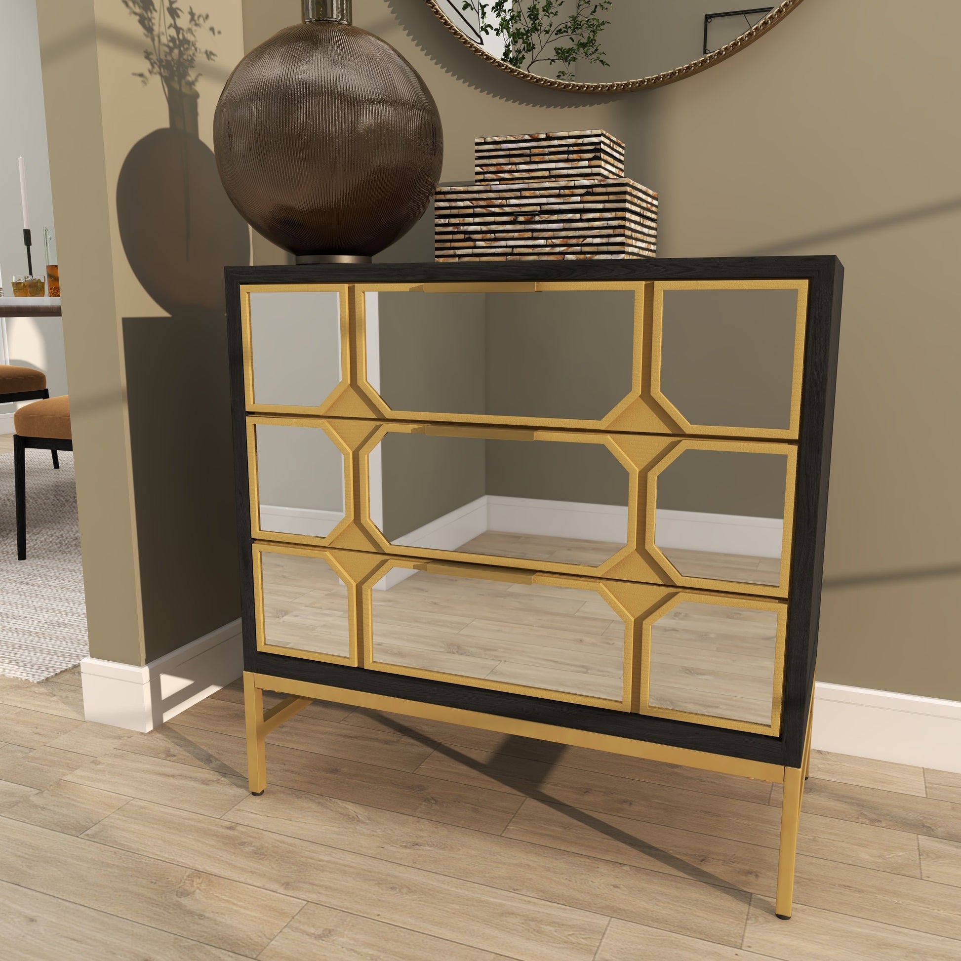 Wooden 3 Drawer Room Cabinet with Mirrored Front