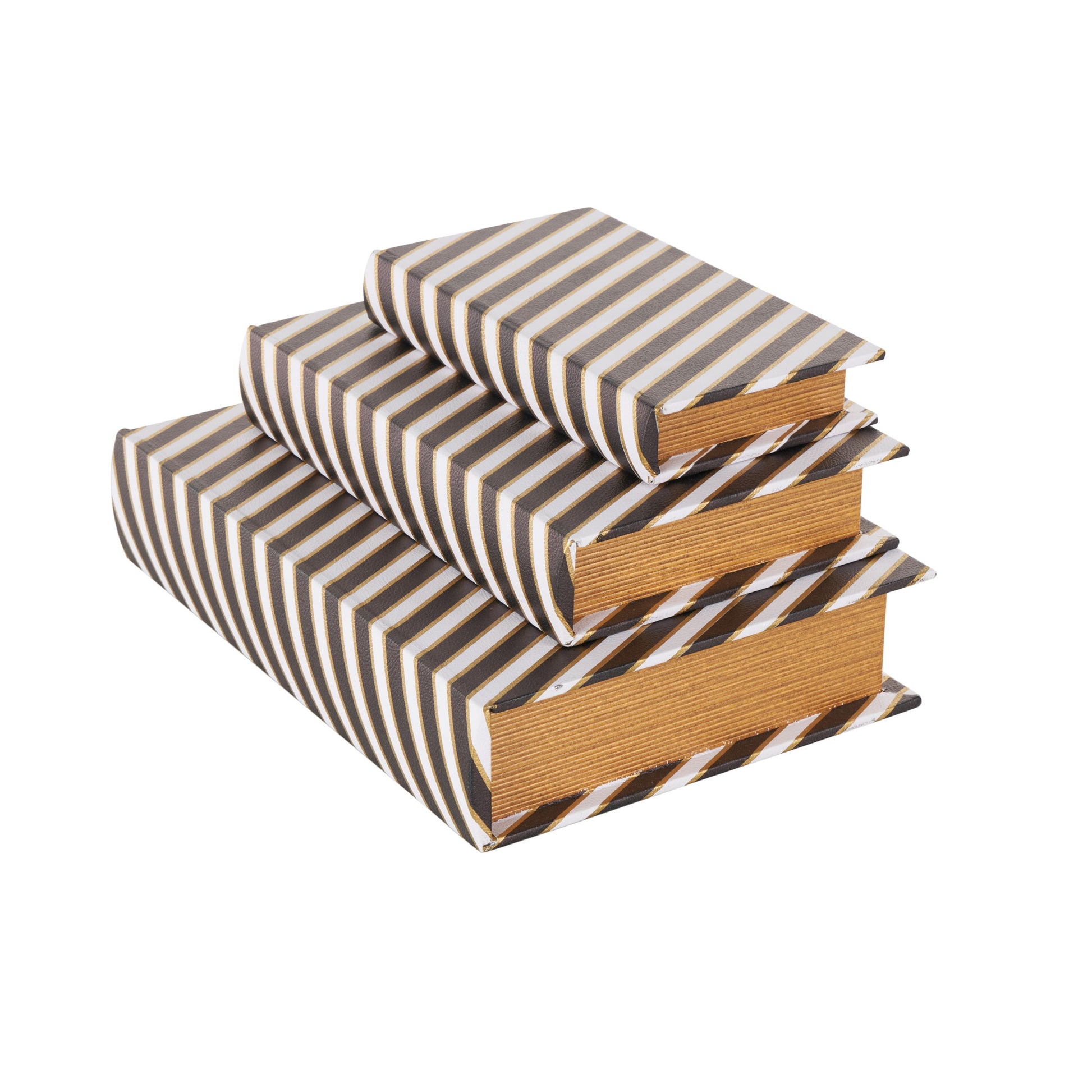 Set of 3 Black Faux Leather Striped Faux Book Storage Decorative Box with White and Metallic Gold Accents