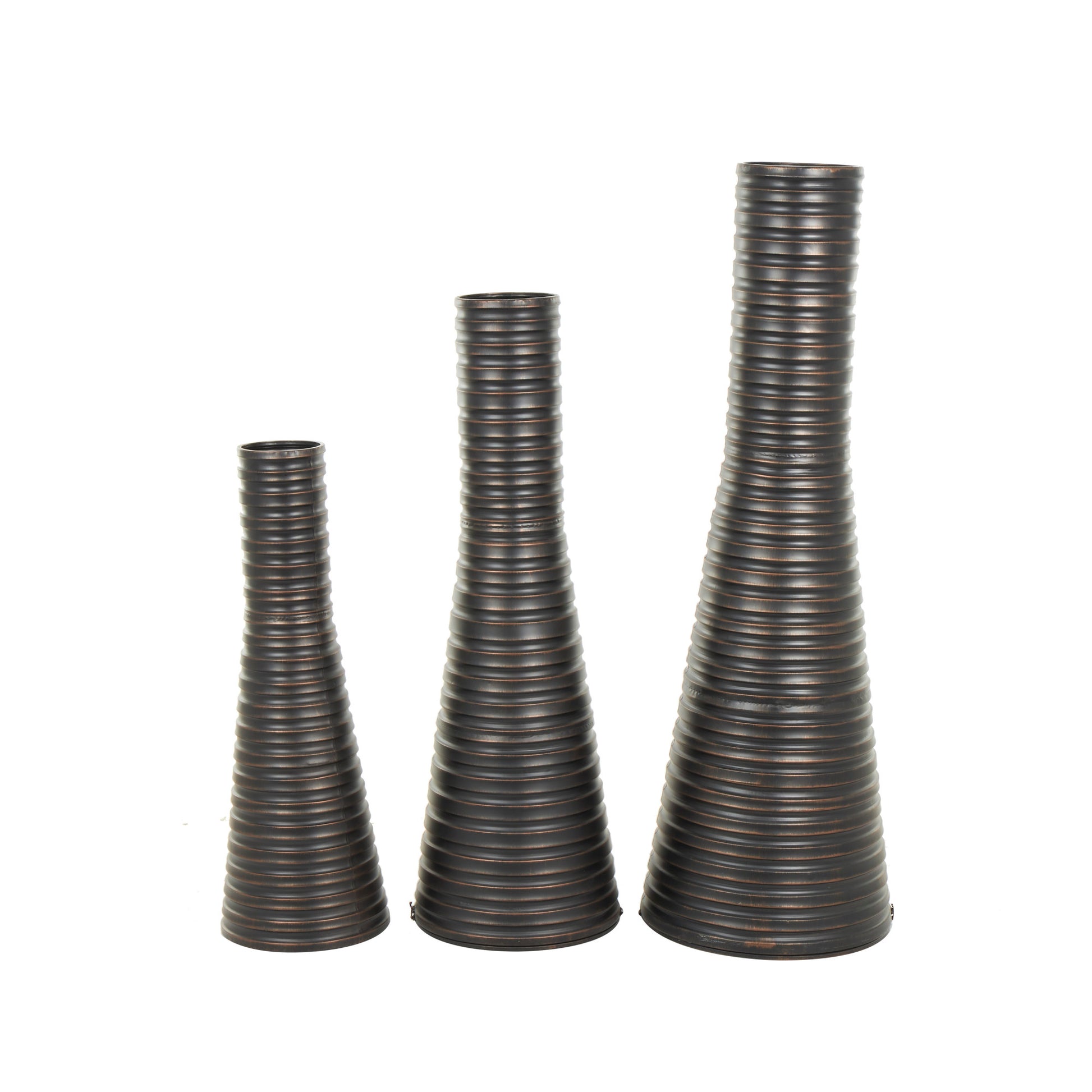 Set of 3 Bronze Metal Ribbed Tall Cone Floor Decorative Vase with Horizontal Grooves