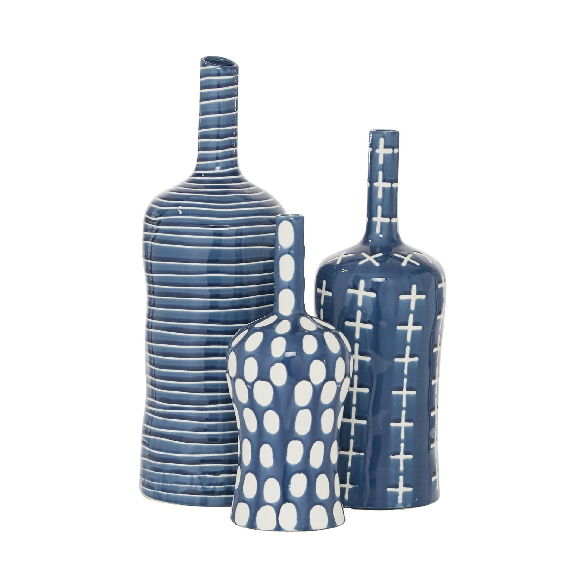 Set of 3 Blue Ceramic Decorative Vase with Varying Patterns