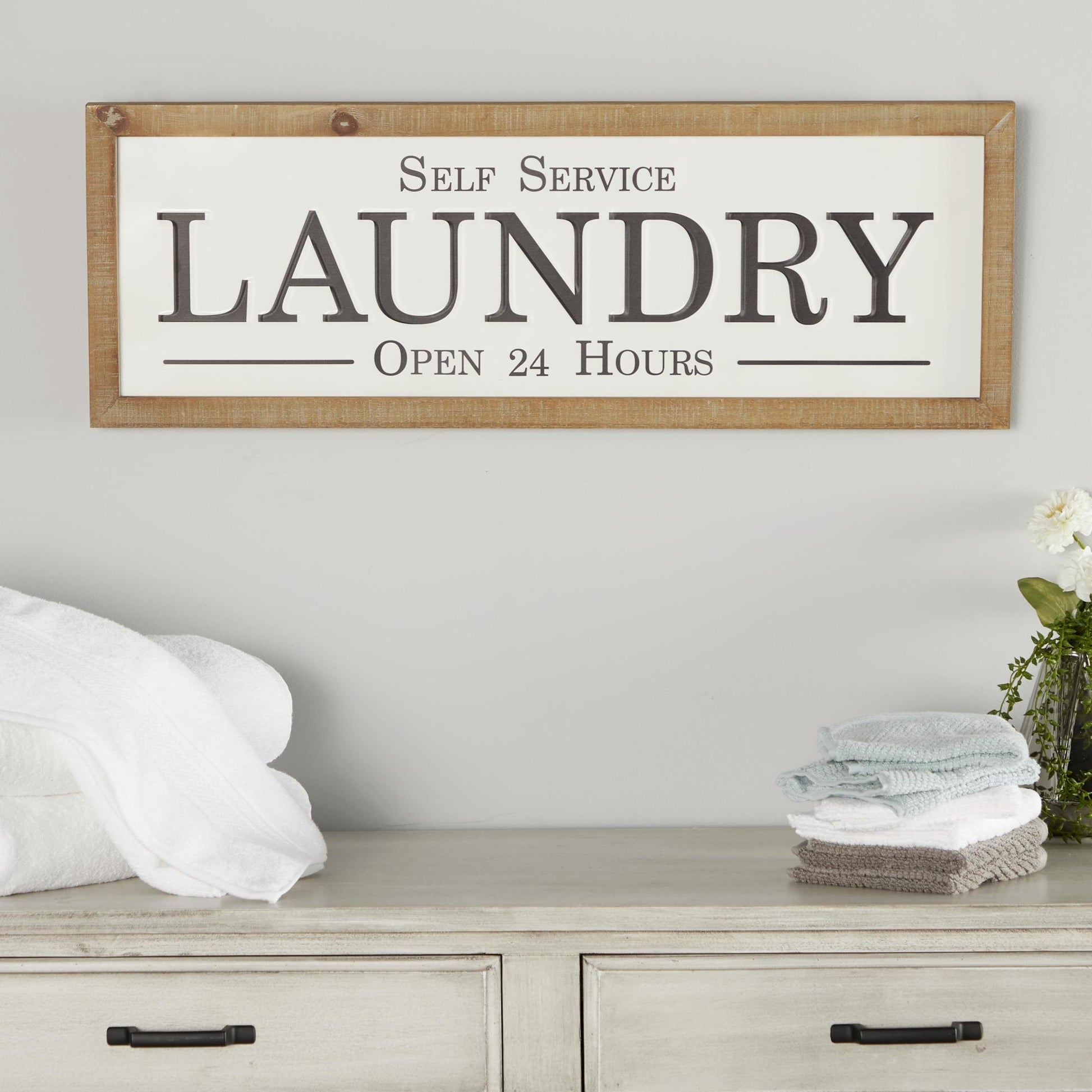 Sign White Metal Laundry Home Wall Decor with Wood Frame
