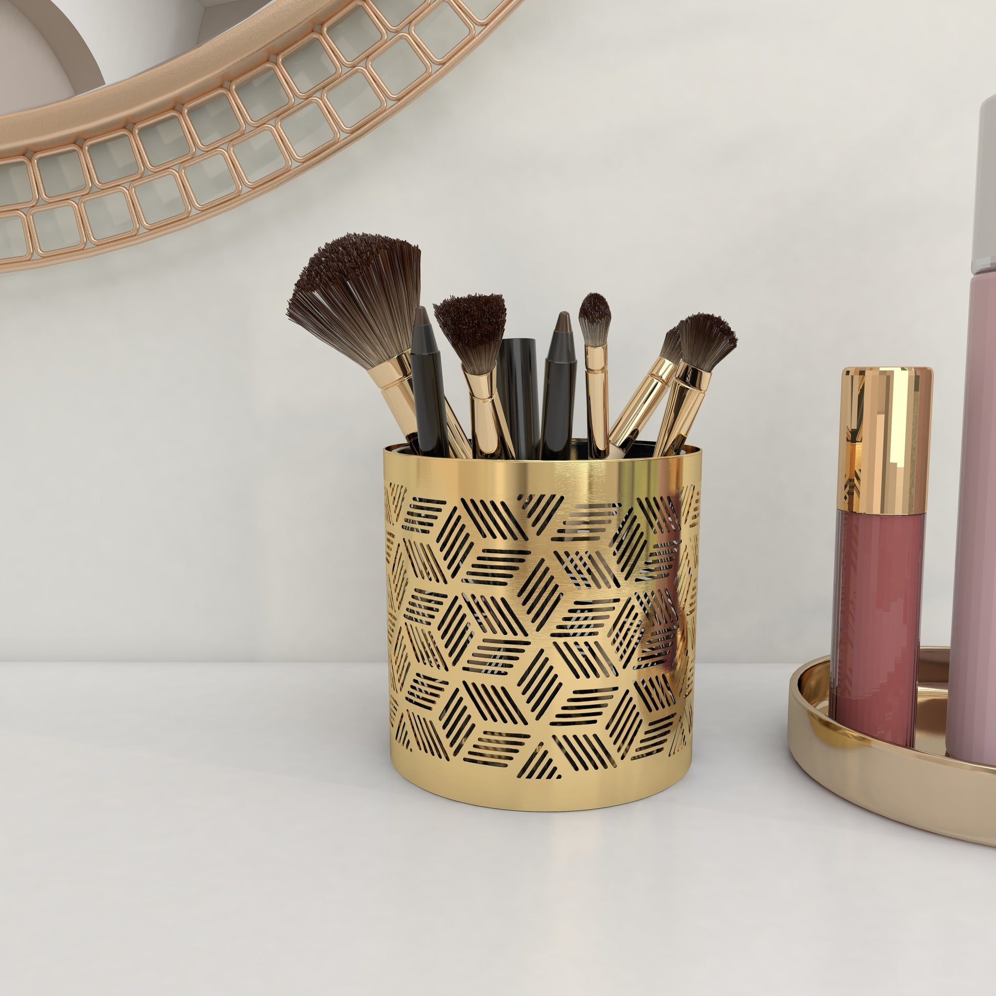 Floral Metal Pencil Cup with Laser Carved Design 4" x 4" x 4"