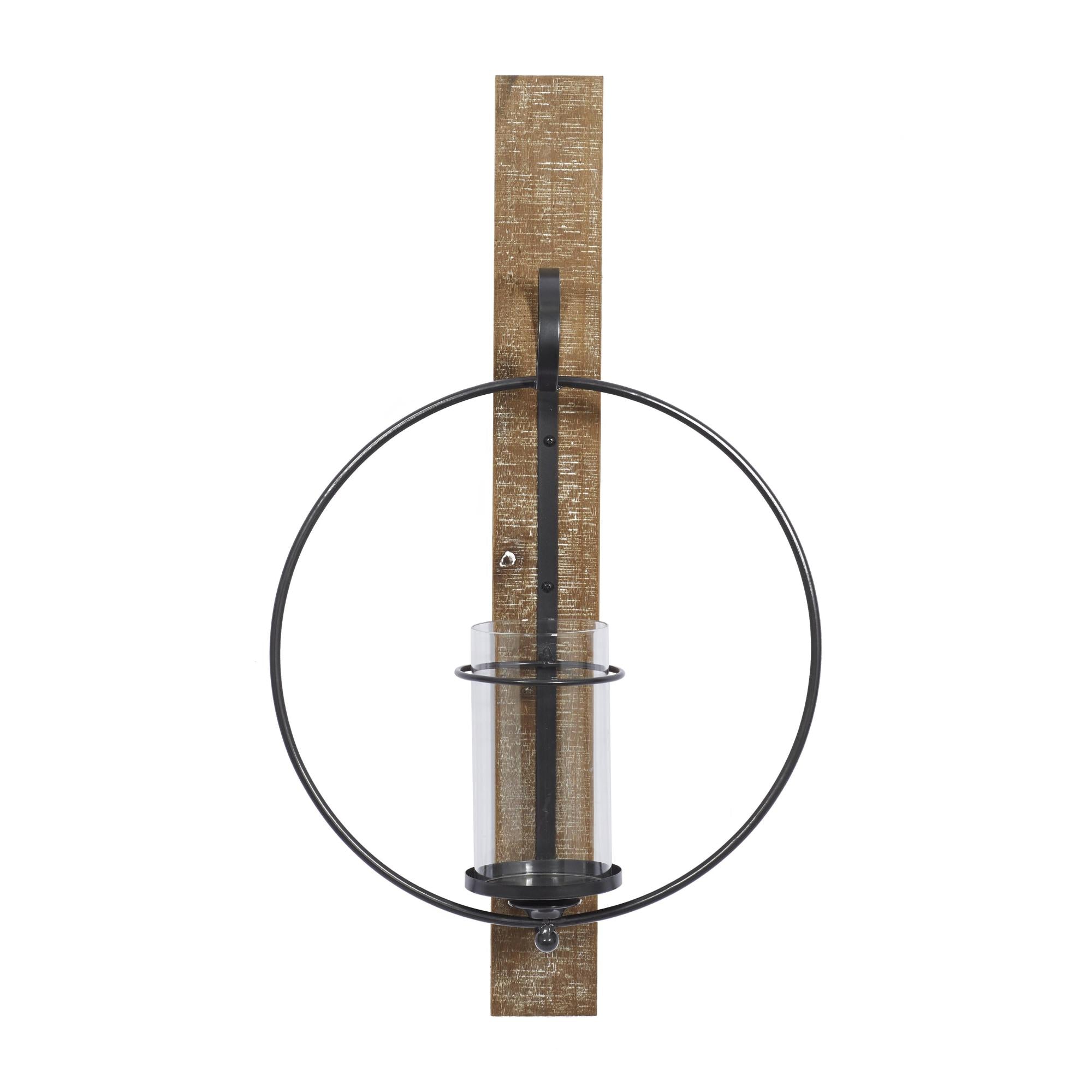 Geometric Brown Wood Pillar Indoor Outdoor Wall Sconce with Wood Back Mount