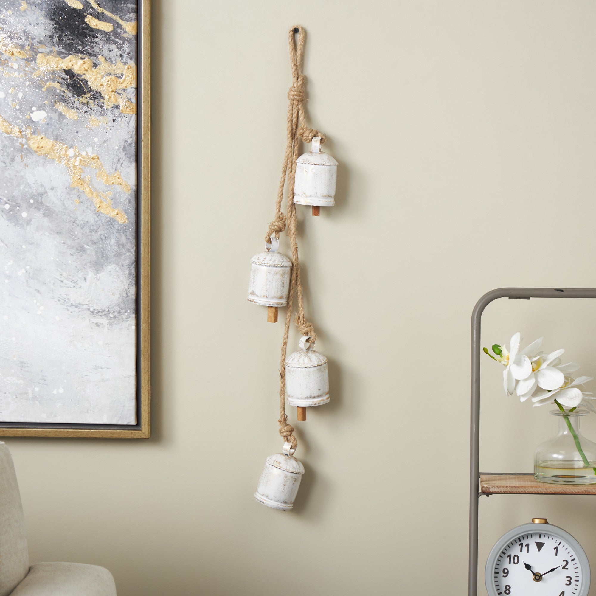 Metal Tibetan Inspired Indoor Outdoor Decorative Cow Bells with 4 Bells on Jute Hanging Rope