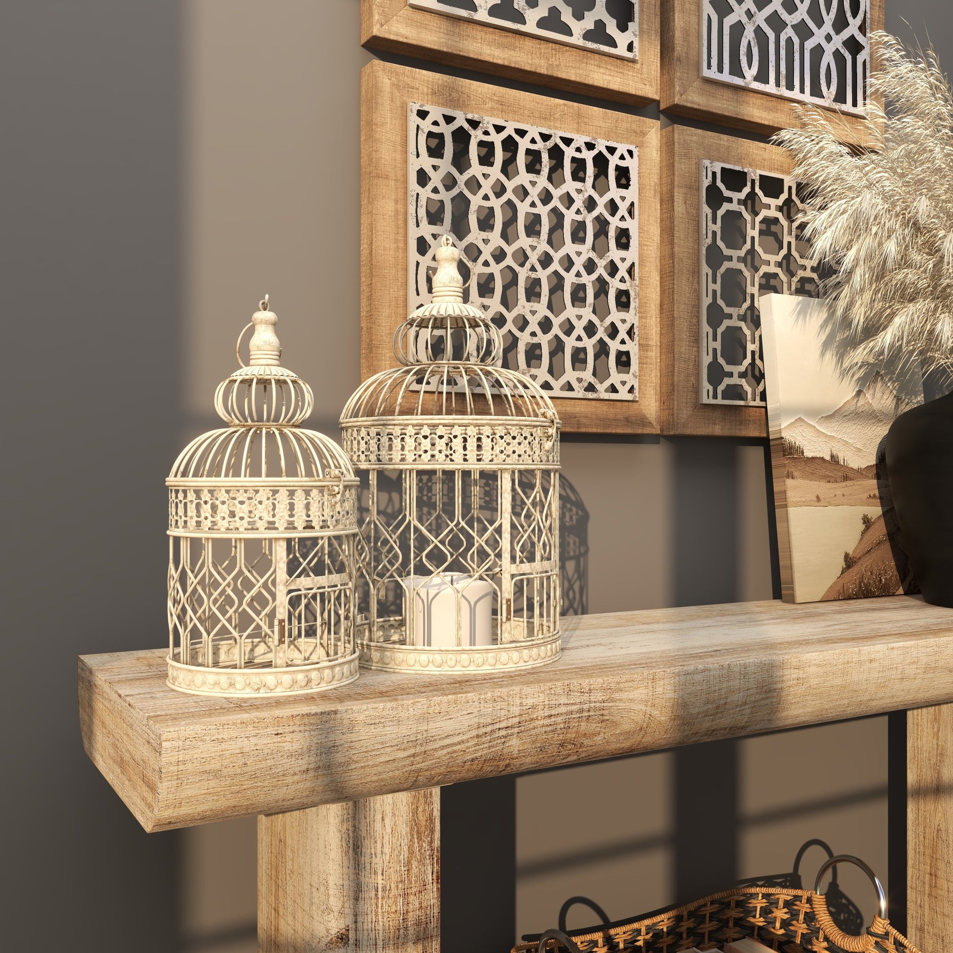 Set of 2 Cream Metal Hinged Top Decorative Birdcage with Latch Lock Closure and Hanging Hook
