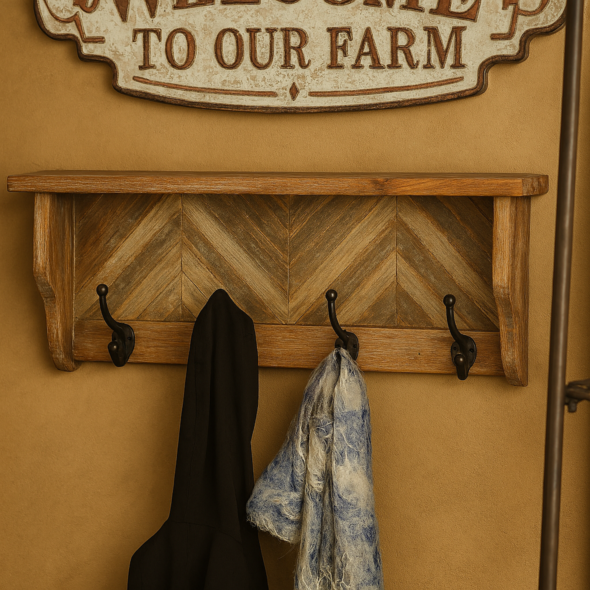 Brown Wood 1 Shelf and 4 Hangers Home Wall Hook