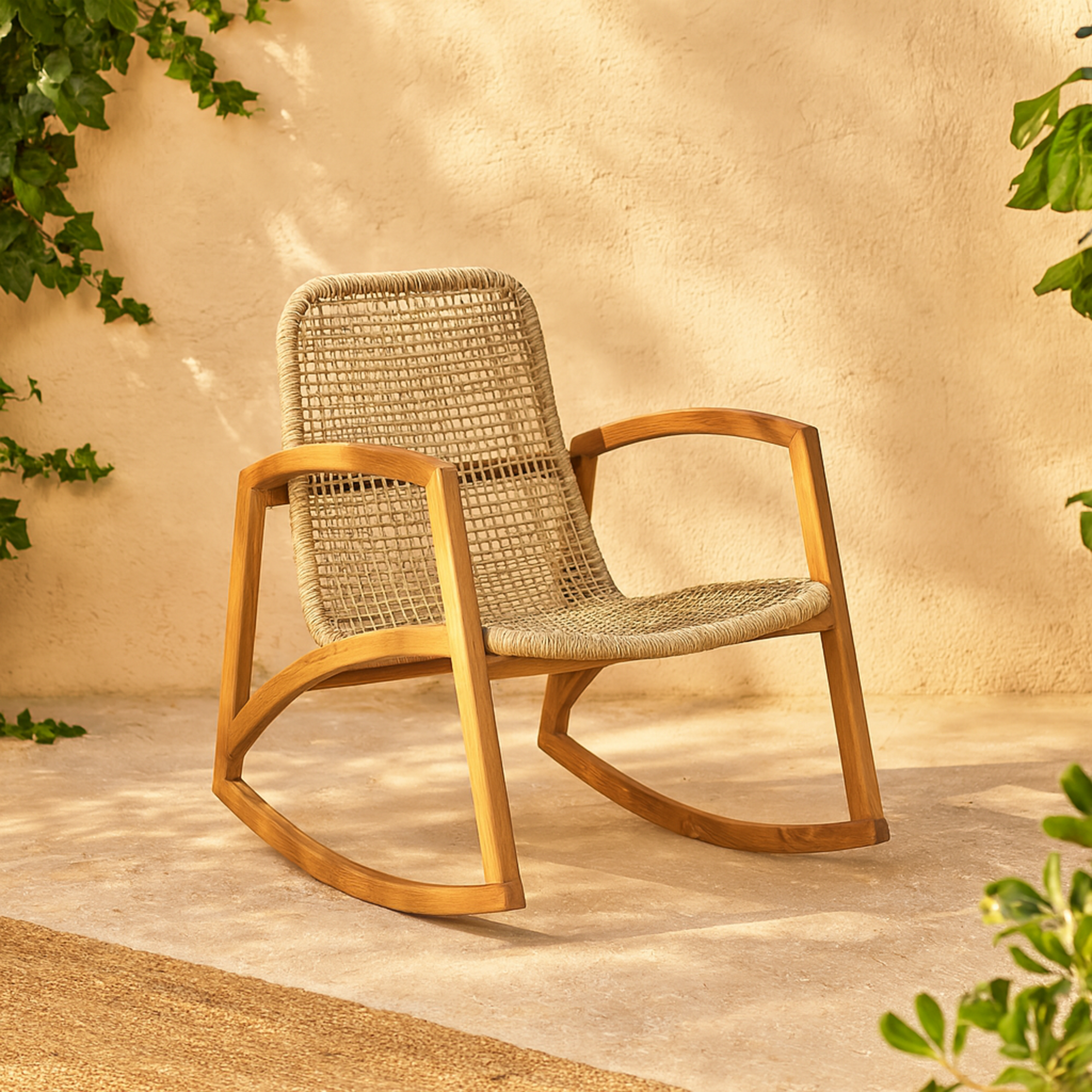 Light Brown Plastic Rattan Handmade Woven Rectangular Living Room Accent Chair with Teak Frame