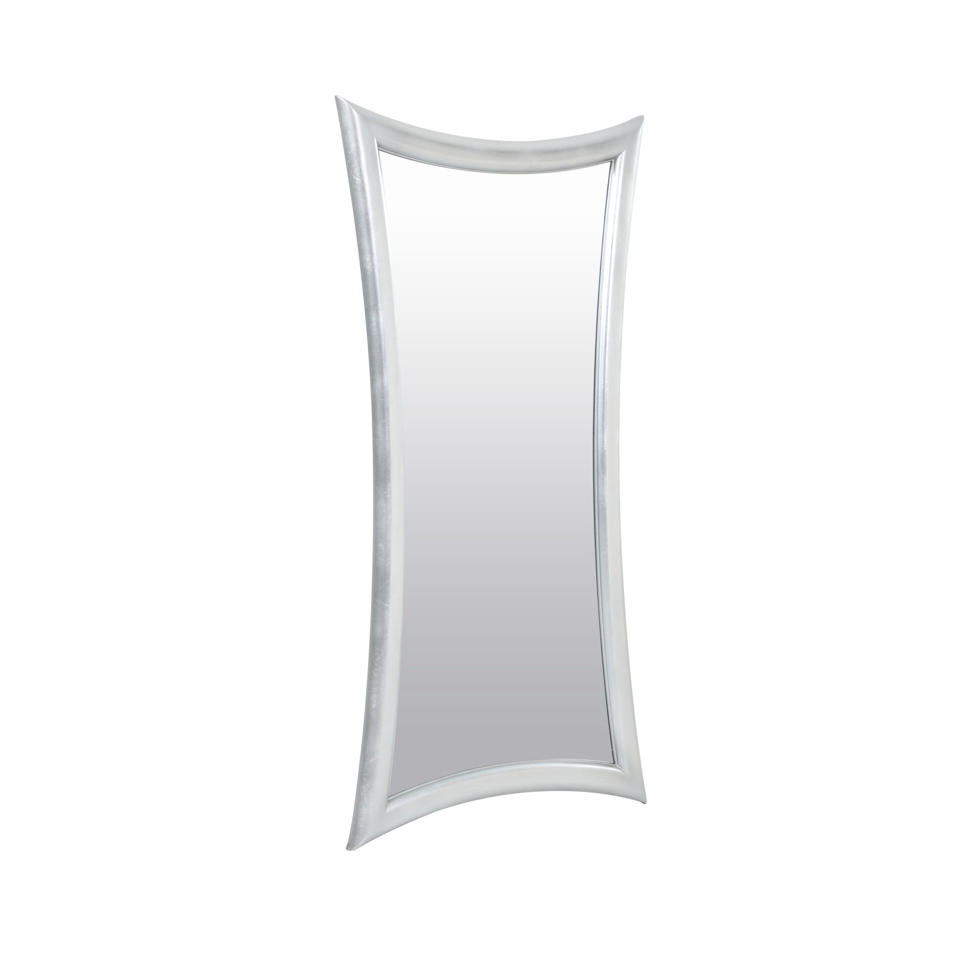 Abstract Silver Wooden Room Floor Mirror with Inward Curved Frame and Silver Leaf Detailing