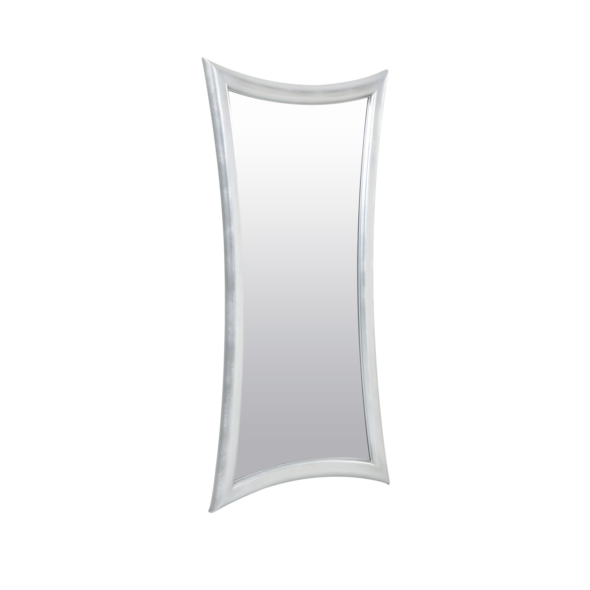 Abstract Silver Wooden Room Floor Mirror with Inward Curved Frame and Silver Leaf Detailing