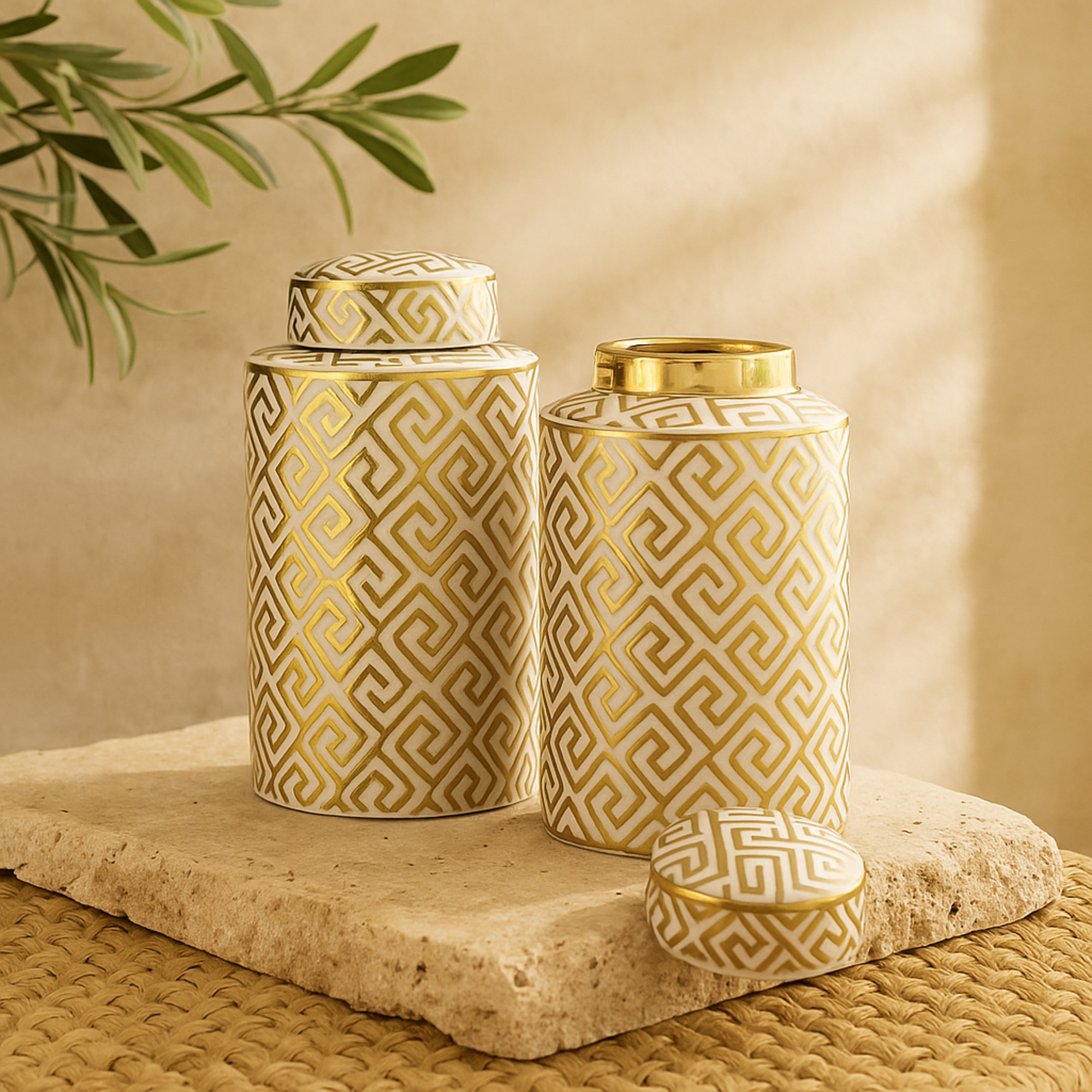 Set of 2 Geometric Ceramic Living Room Decorative Jars with White Accents