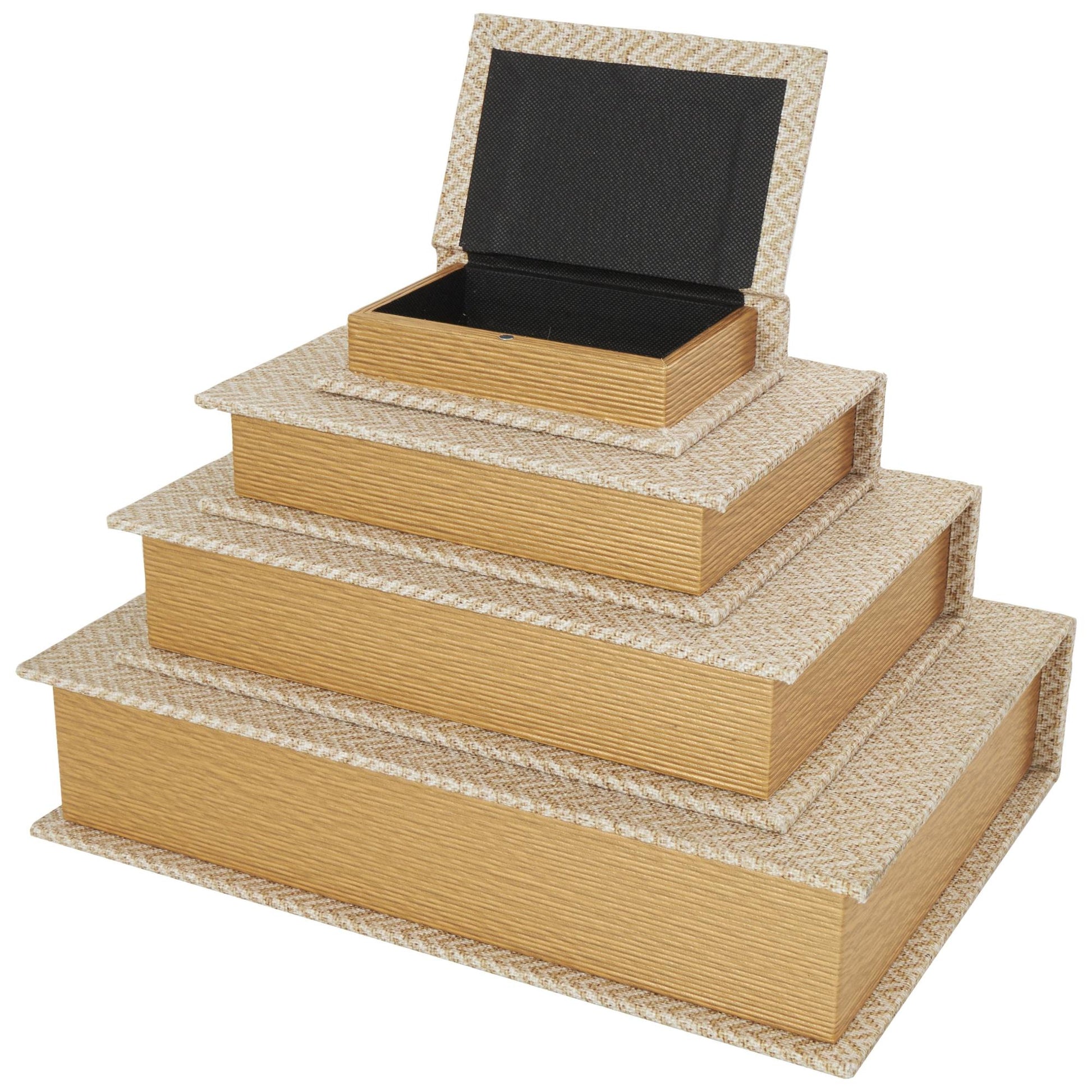 Set of 3 Linen Fabric Chevron Patterned Book Storage Decorative Box Set of 3 12", 9", 6"H
