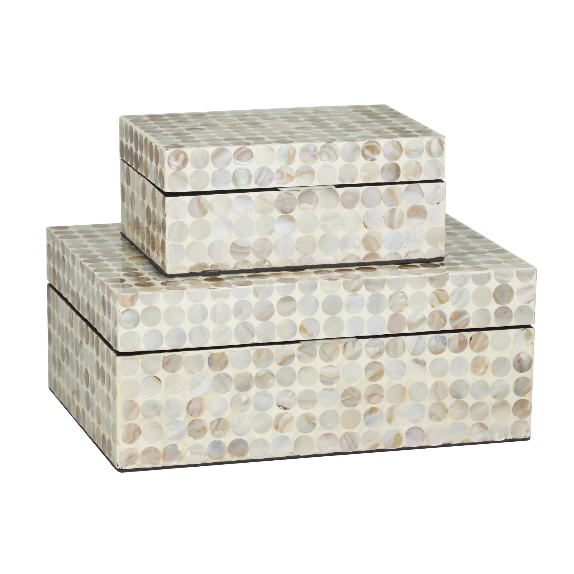 Set of 2 Geometric Beige Mother of Pearl Shell Handmade Decorative Box with Hinged Lid