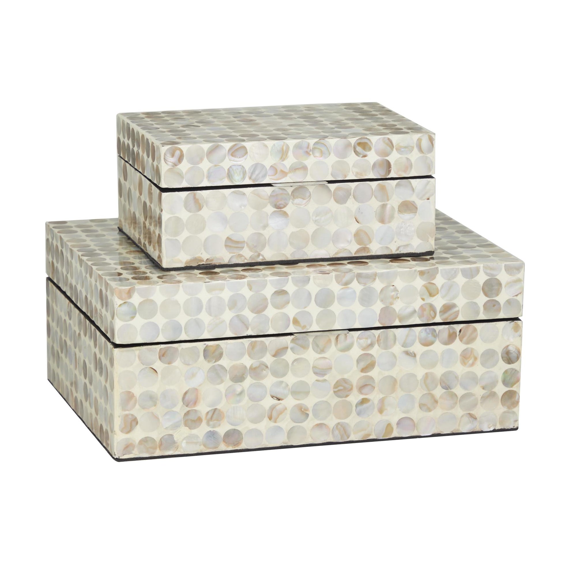 Set of 2 Geometric Beige Mother of Pearl Shell Handmade Decorative Box with Hinged Lid