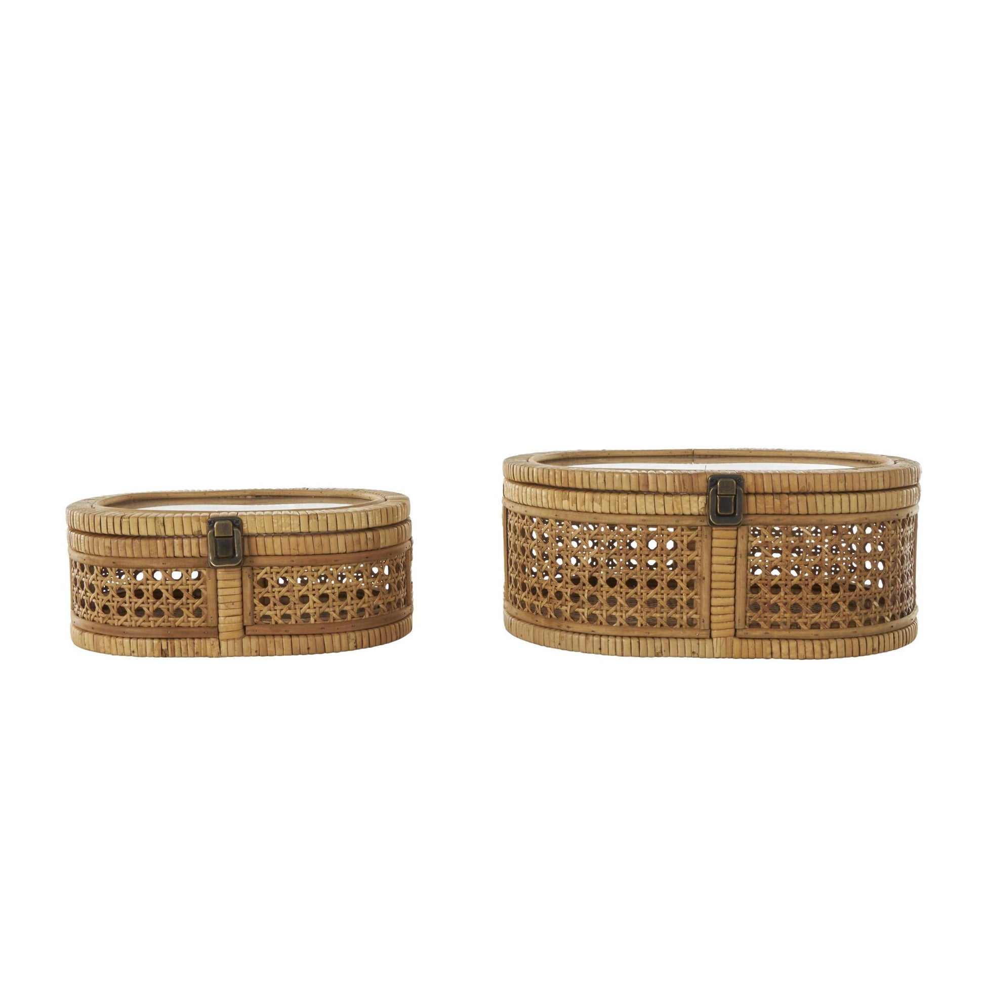 Set of 2 Brown Rattan Handmade Wrapped Oval Storage Decorative Box with Cane Panels and Tempered Glass Tops