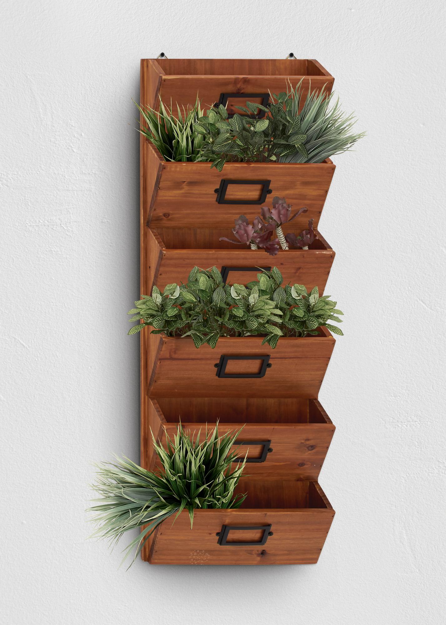 Brown Wood 6 Slots Decorative Magazine Rack Holder with Suspended Baskets and Label Slot