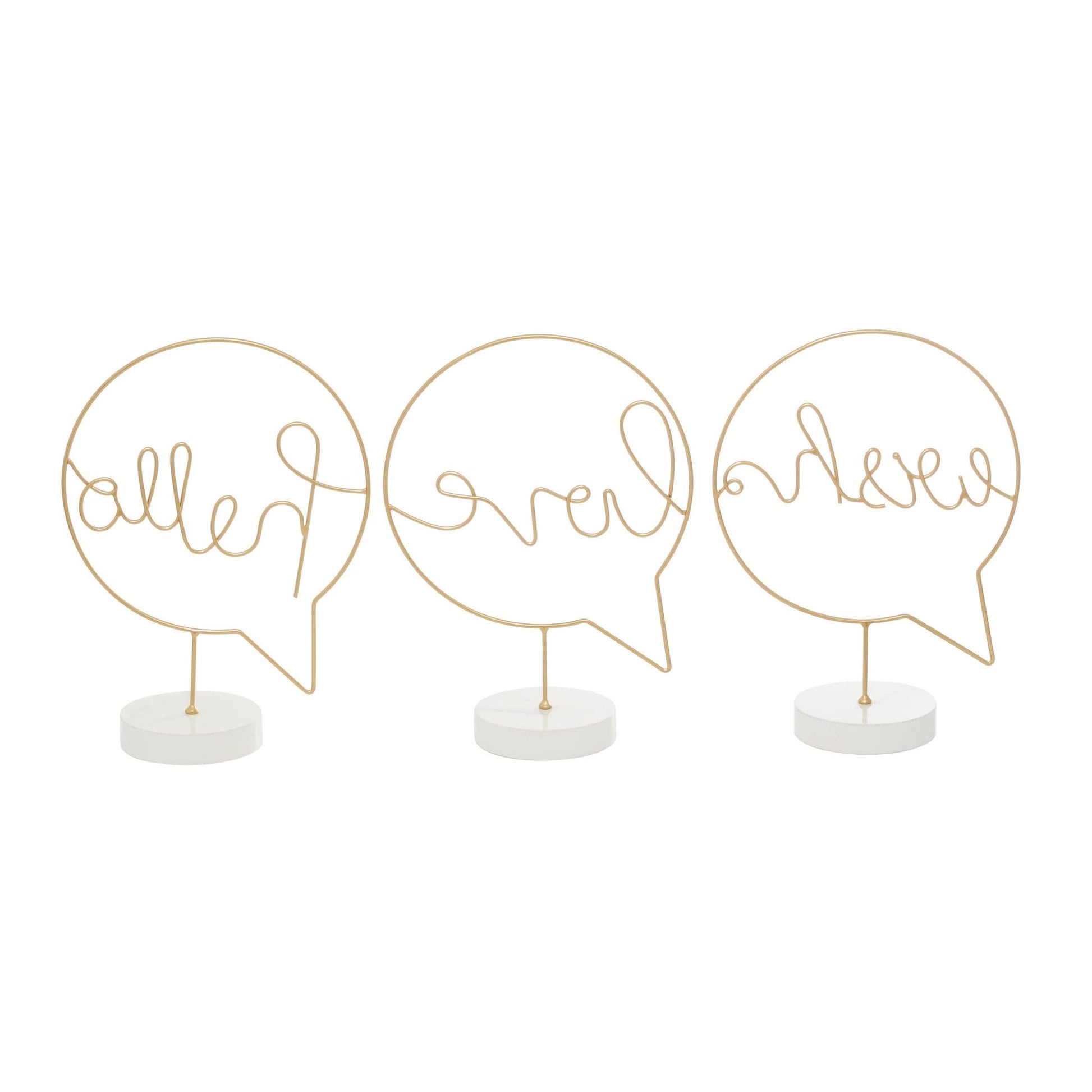 Set of 3 Sign Gold Wooden Hello, Love, Wish Home Decorative Sign with Text Bubble Design