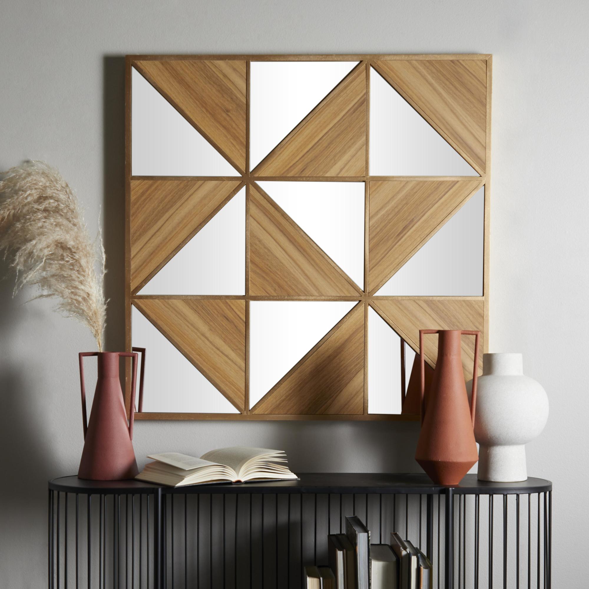 Geometric Light Brown Wood Triangle Mirrored Home Wall Decor