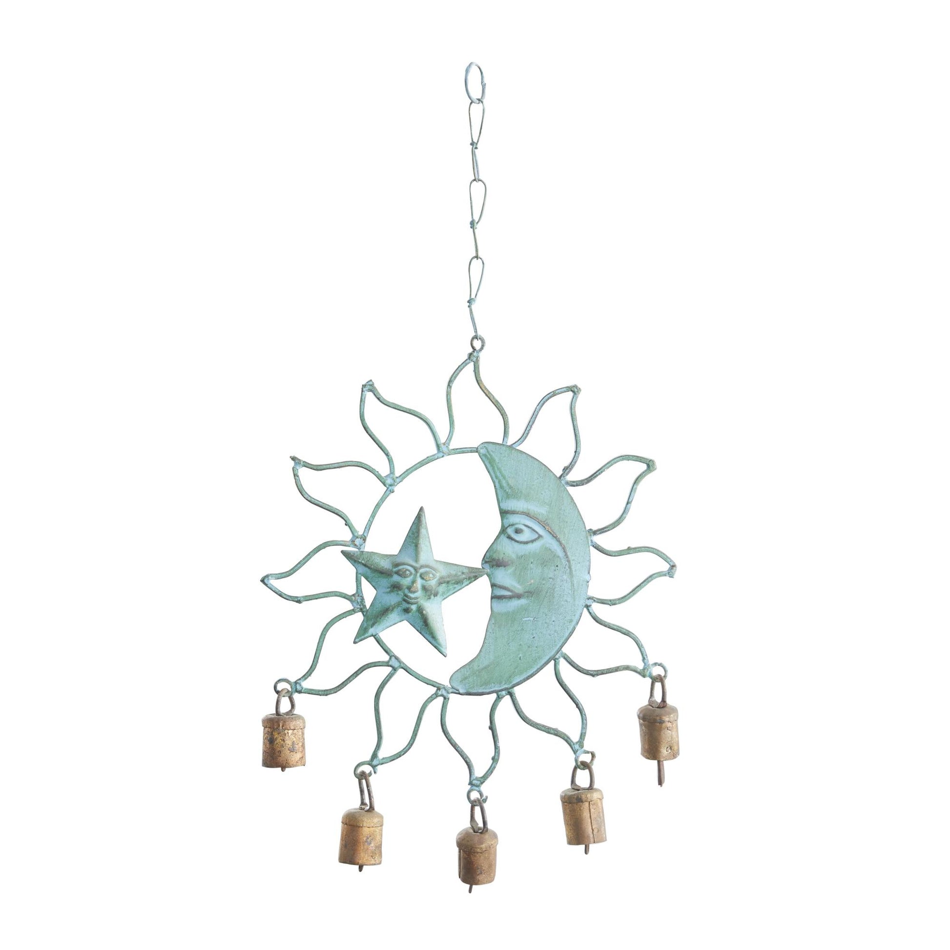 Sun and Moon Teal Metal Indoor Outdoor Windchime with Bells