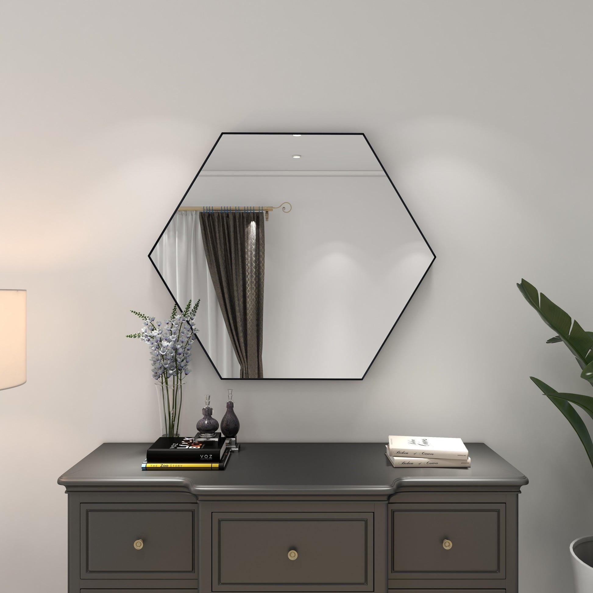 Wooden Hexagon Room Wall Mirror with Thin Frame