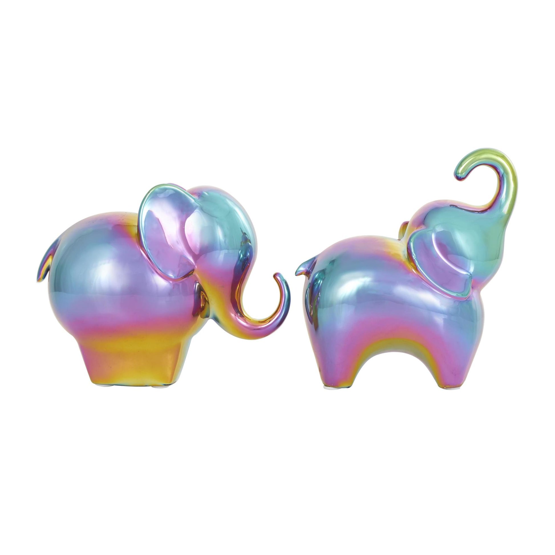Set of 2 Elephant Ceramic Decorative Sculpture with Rainbow Shimmer Finish