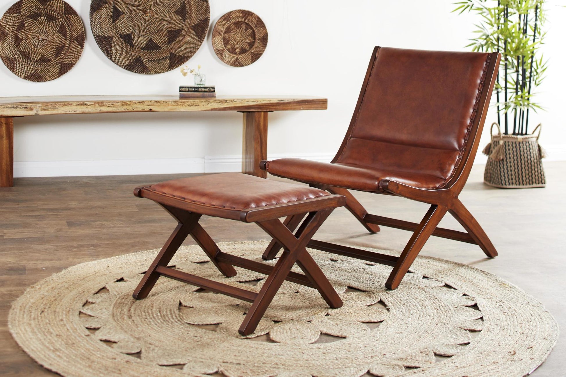 Teak Wood Handmade Upholstered Leather Accent Chair with Ottoman