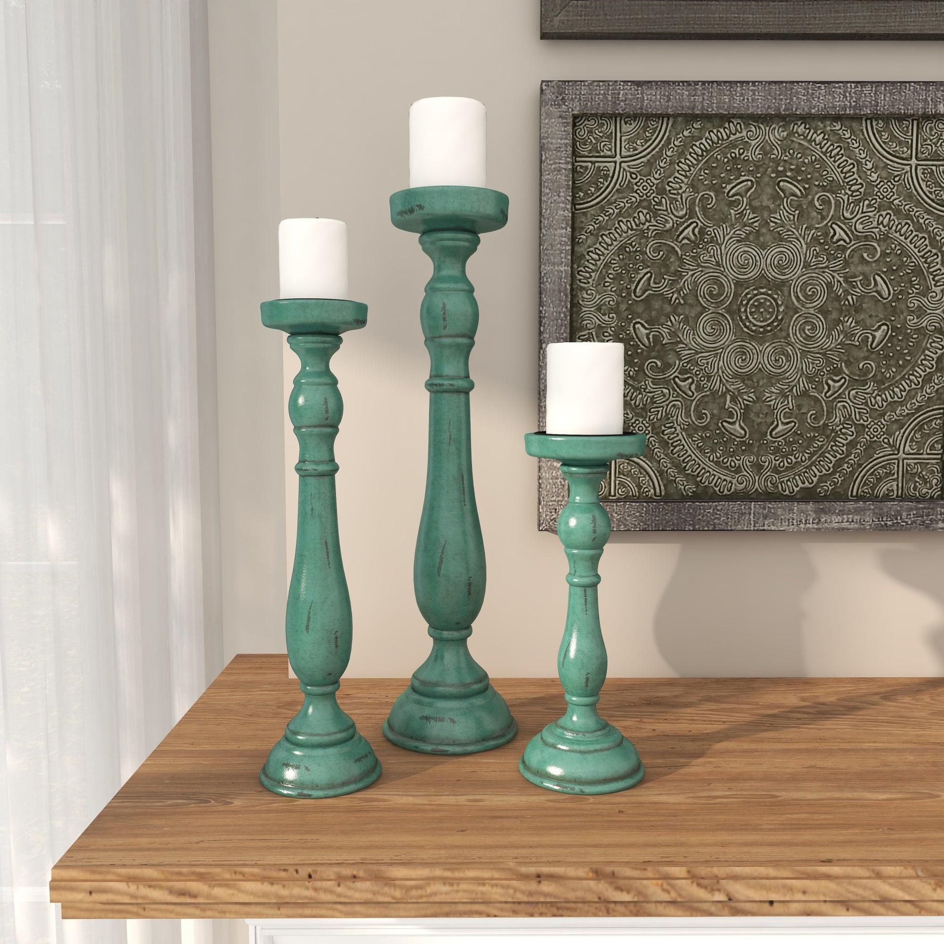 Set of 3 Teal Wooden Distressed Turned Decorative Candle Holder