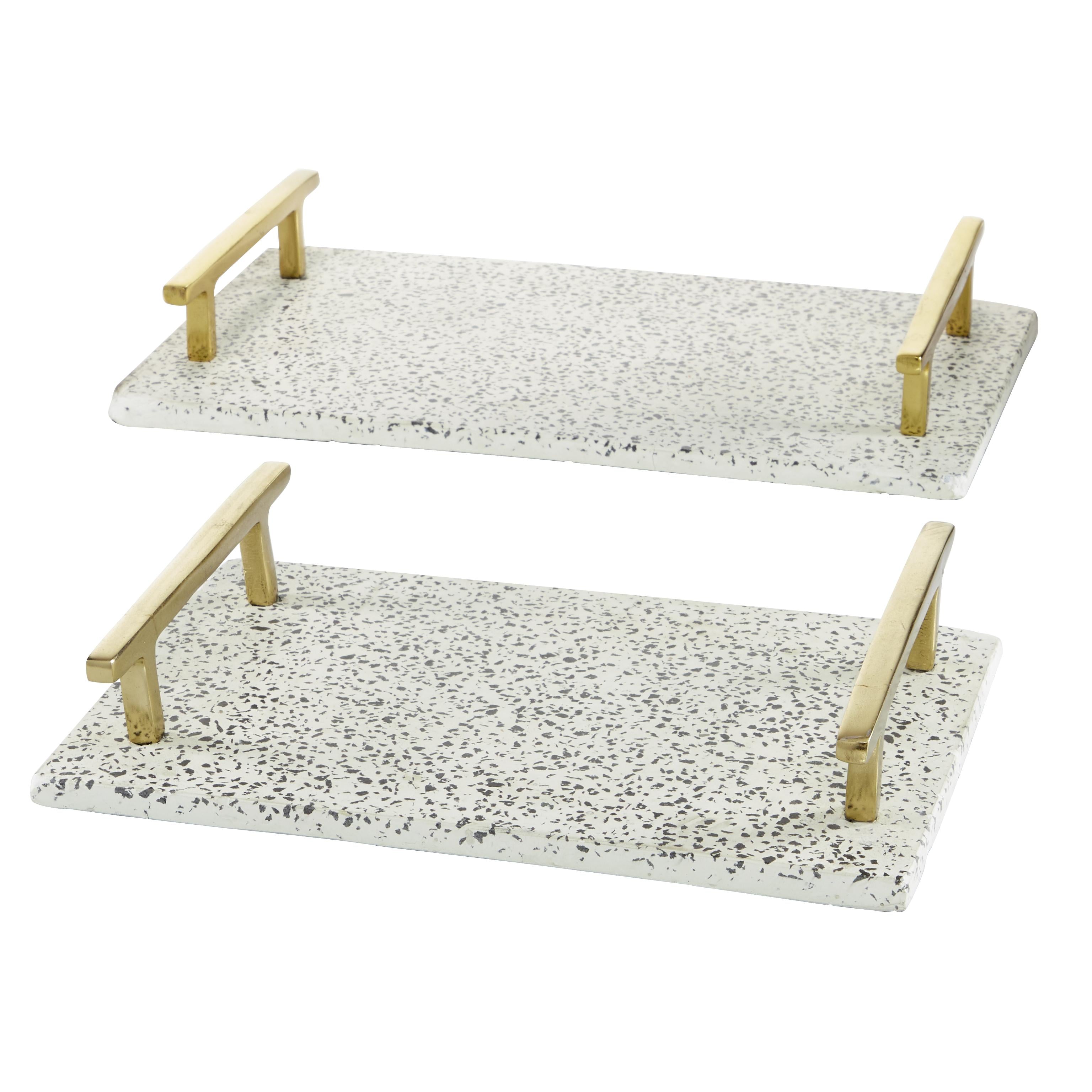Set of 2 Marble Living Room Decor Tray with Gold Handles