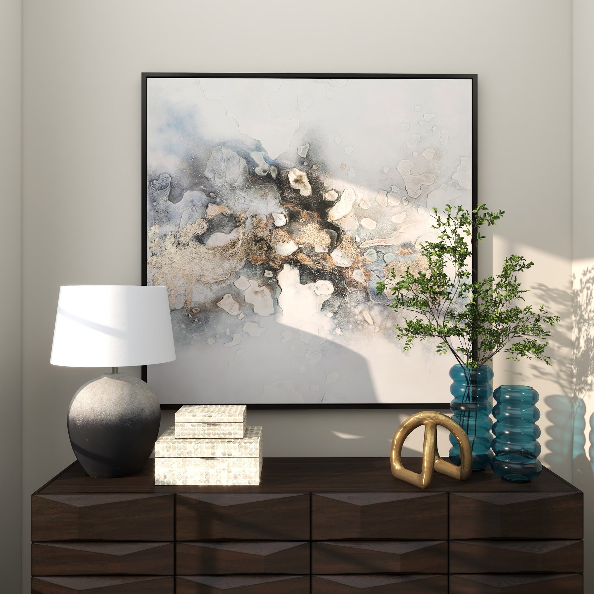 Abstract Multi Colored Canvas Watercolor Living Room Framed Wall Art with Gold Foil Accents