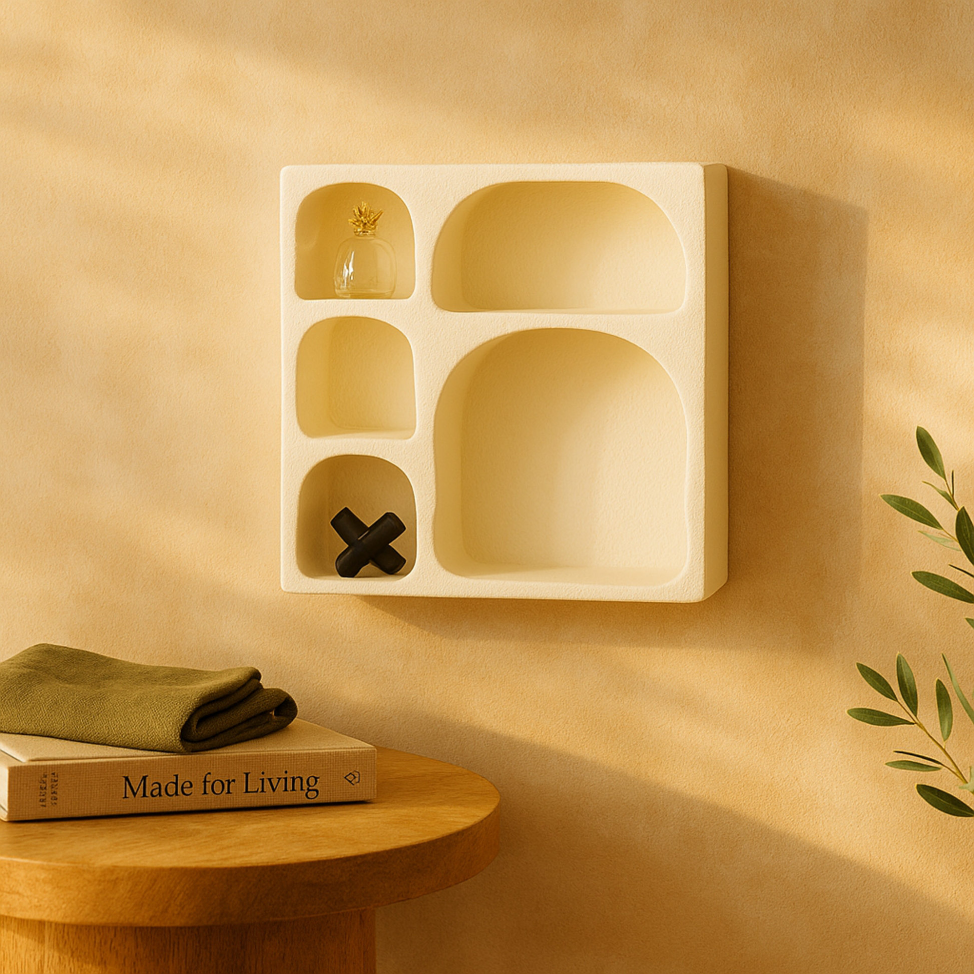Geometric Wooden 5 Cubby Room Wall Shelf with Abstract Block Shapes