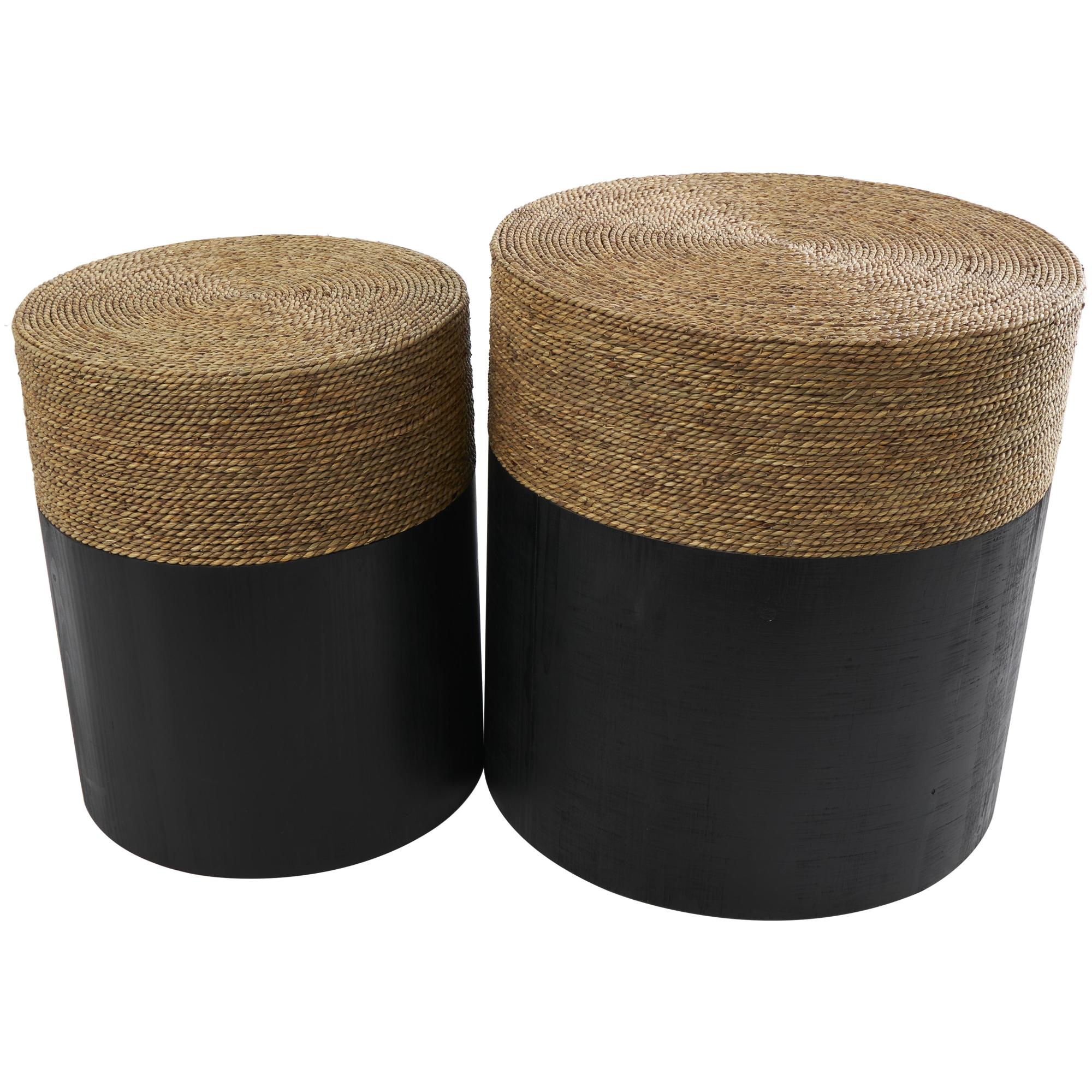 Set of 2 Black Wood Handmade Color block Wrapped Side End Accent Table with Dried Plant Tabletops