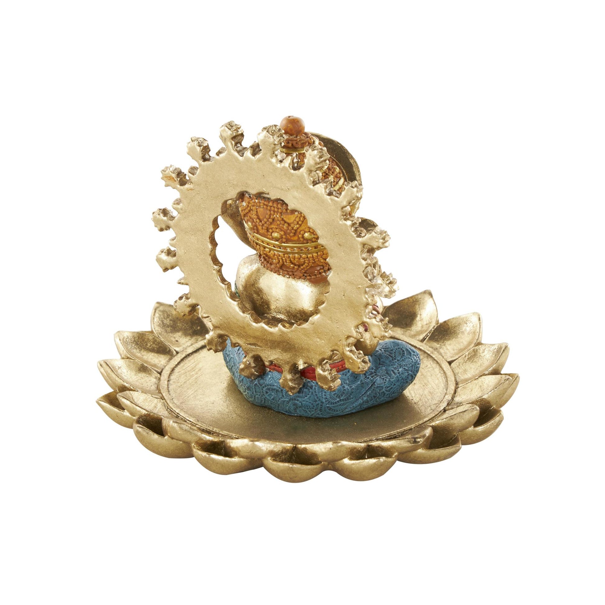 Ganesh Gold Resin Decorative Sculpture with Lotus Plate and Colorful Dresswear