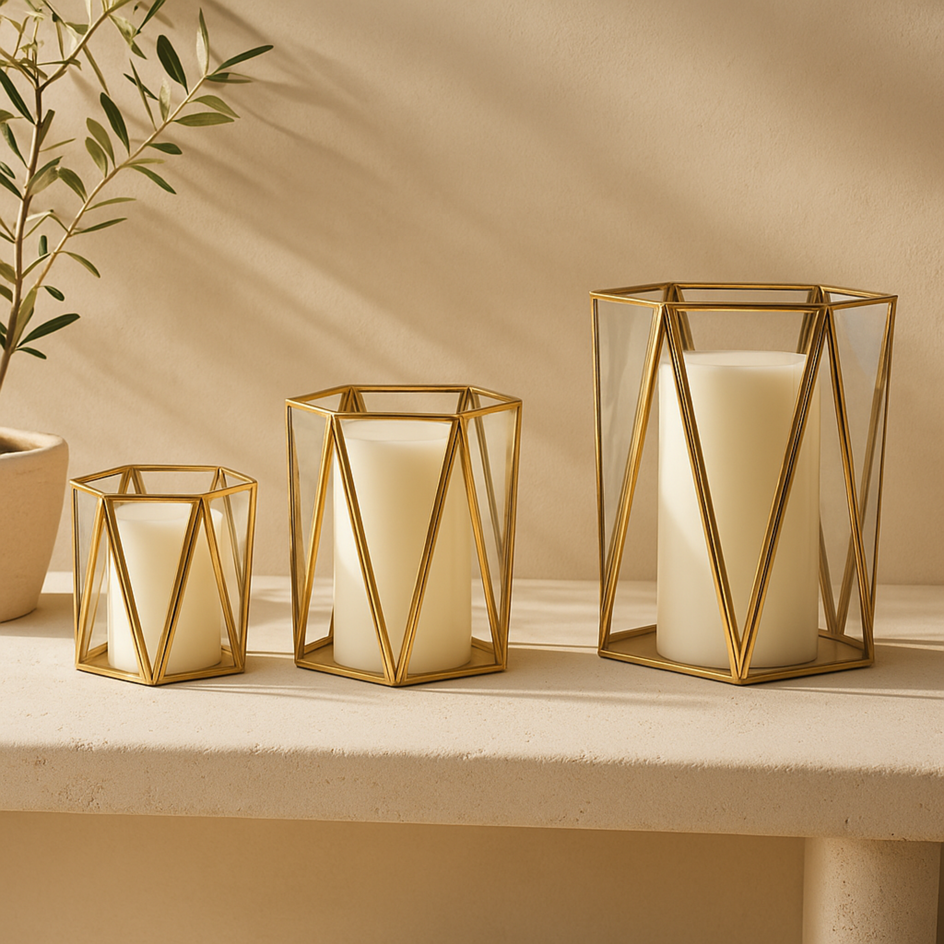 CosmoLiving by Cosmopolitan Set of 3 Geometric Gold Metal Triangle Patterned Hexagon Indoor Outdoor Candle Lantern with Clear Glass